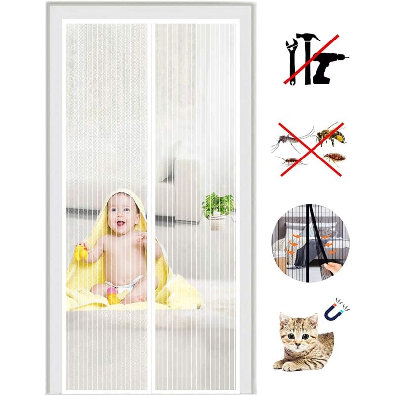 Drzwi ekranowe magnetyczne, drzwi z moskitierą, zamykane automatycznie, zestaw montażowy, pasek klejący, 100 x 210 cm, białe
