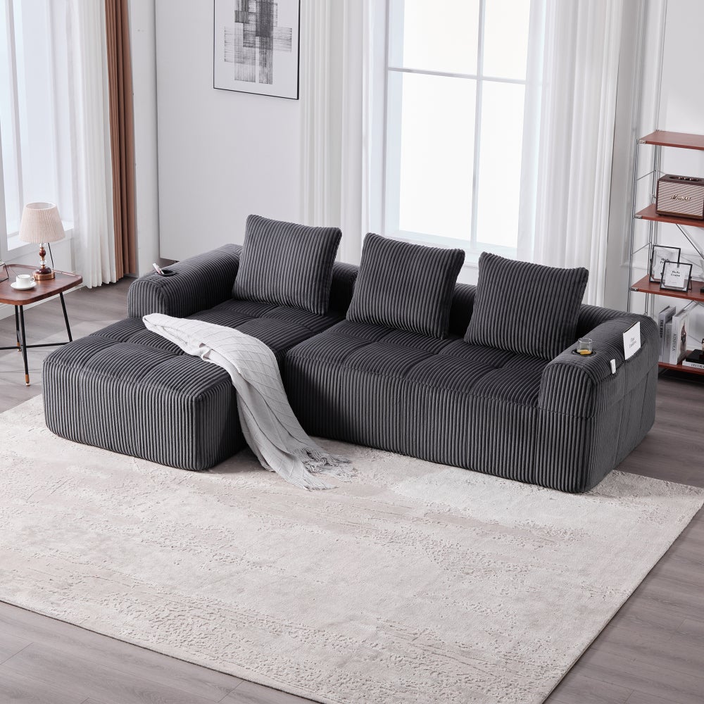 Sofa kompaktowa, sztruksowa, modułowa, z kieszenią boczną i uchwytem na kubek, ciemnoszara