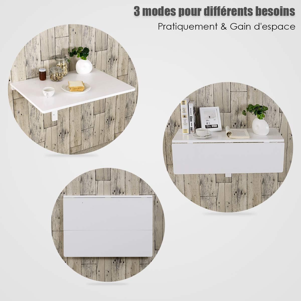 Table Murale Rabattable Pliable en Bois, Support Mural Pliant, Double Pliage, Gain de Place, Charge 20KG, 80 x 60 x 45 CM (Blanc) - 4