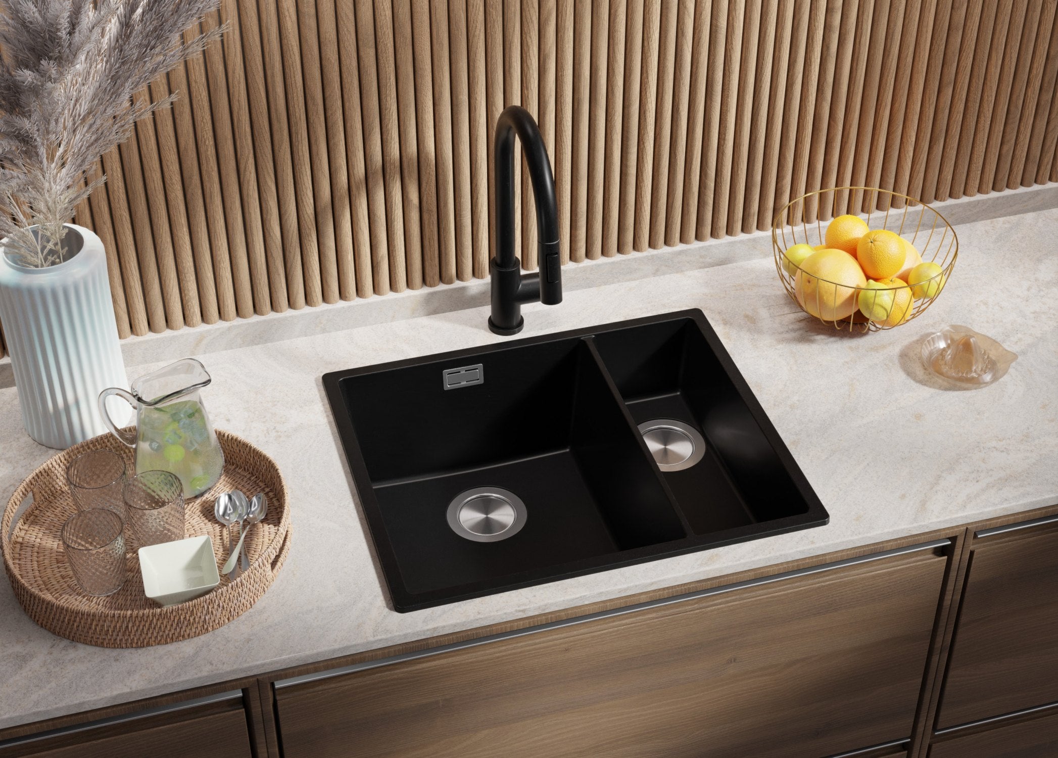 Lavandino da Cucina Tutto Nero 56x47cm, Lavello in Granito a 1,5 vasche + Accessori, Lavabo da Cucina Incasso al mobile 60cm PRIMAGRAN - 2