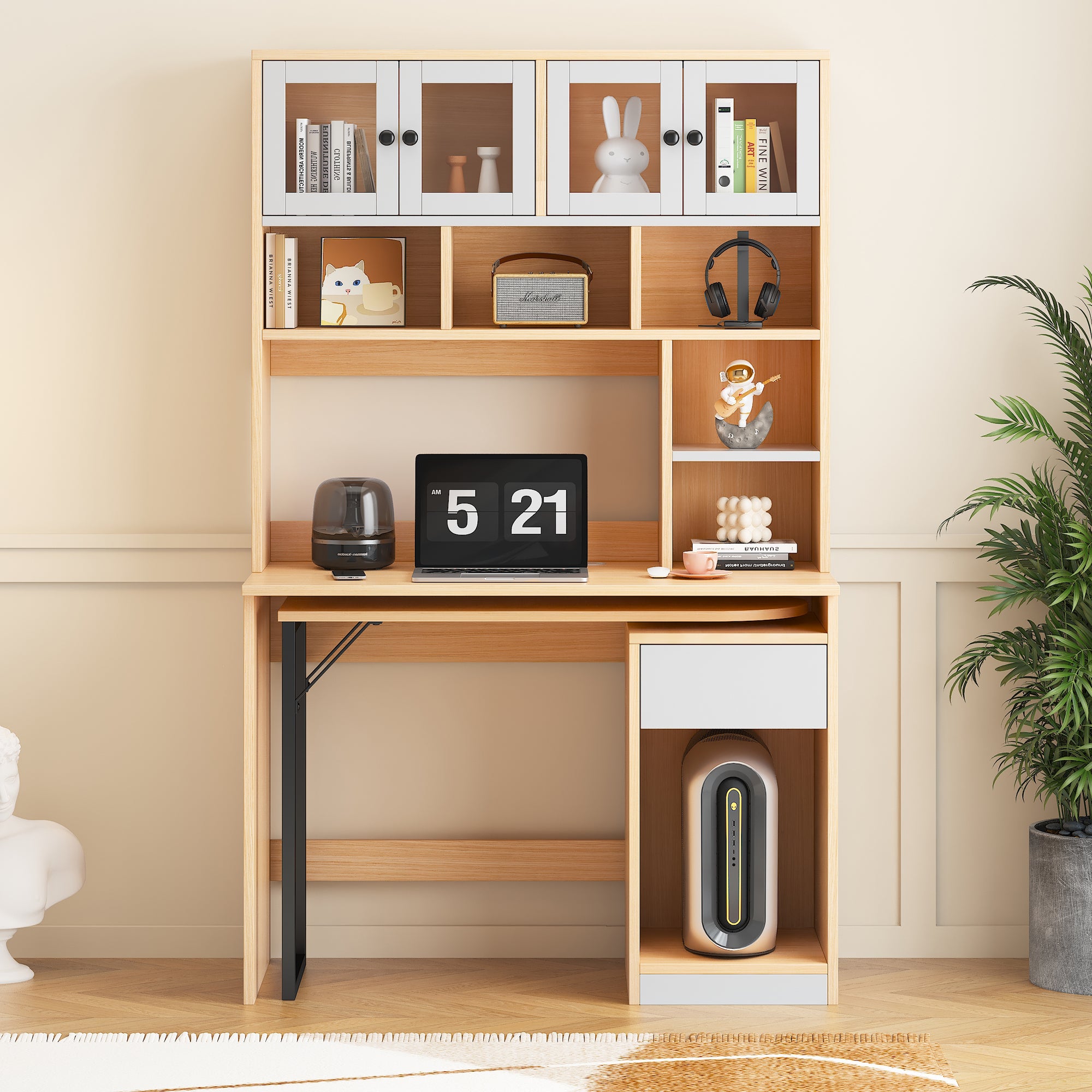 Bureau extensible d'ordinateur avec 1 tiroir, 4 portes et bibliothèque - 110 x 55 x 180 cm - bois MDF - naturel + blanc - 5