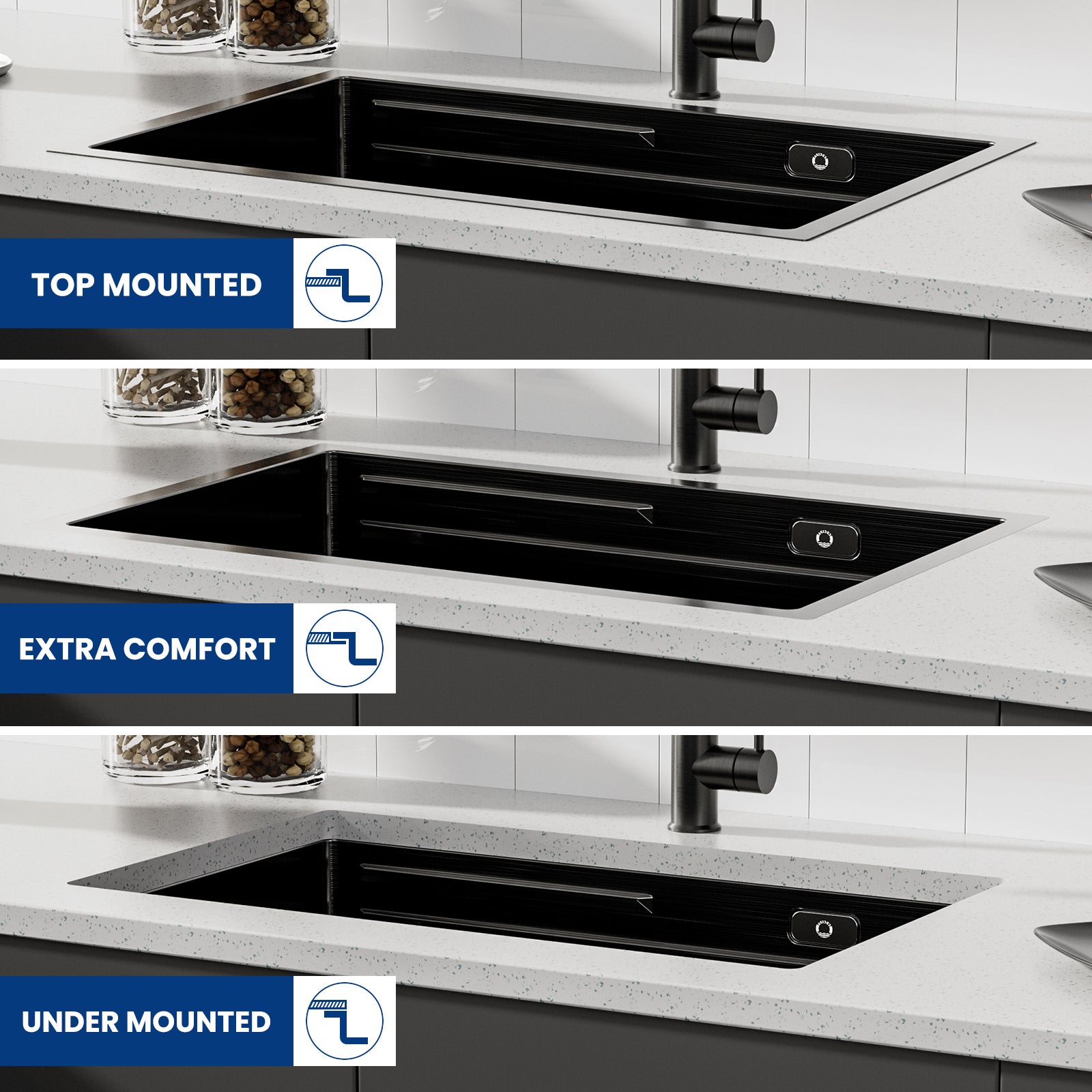 Évier Cuisine 1 Bac 70×44×21CM INOX Trop Plein Évier à Encastrer, avec Egouttoir et Vasque, Noir, EU Modèle - 5