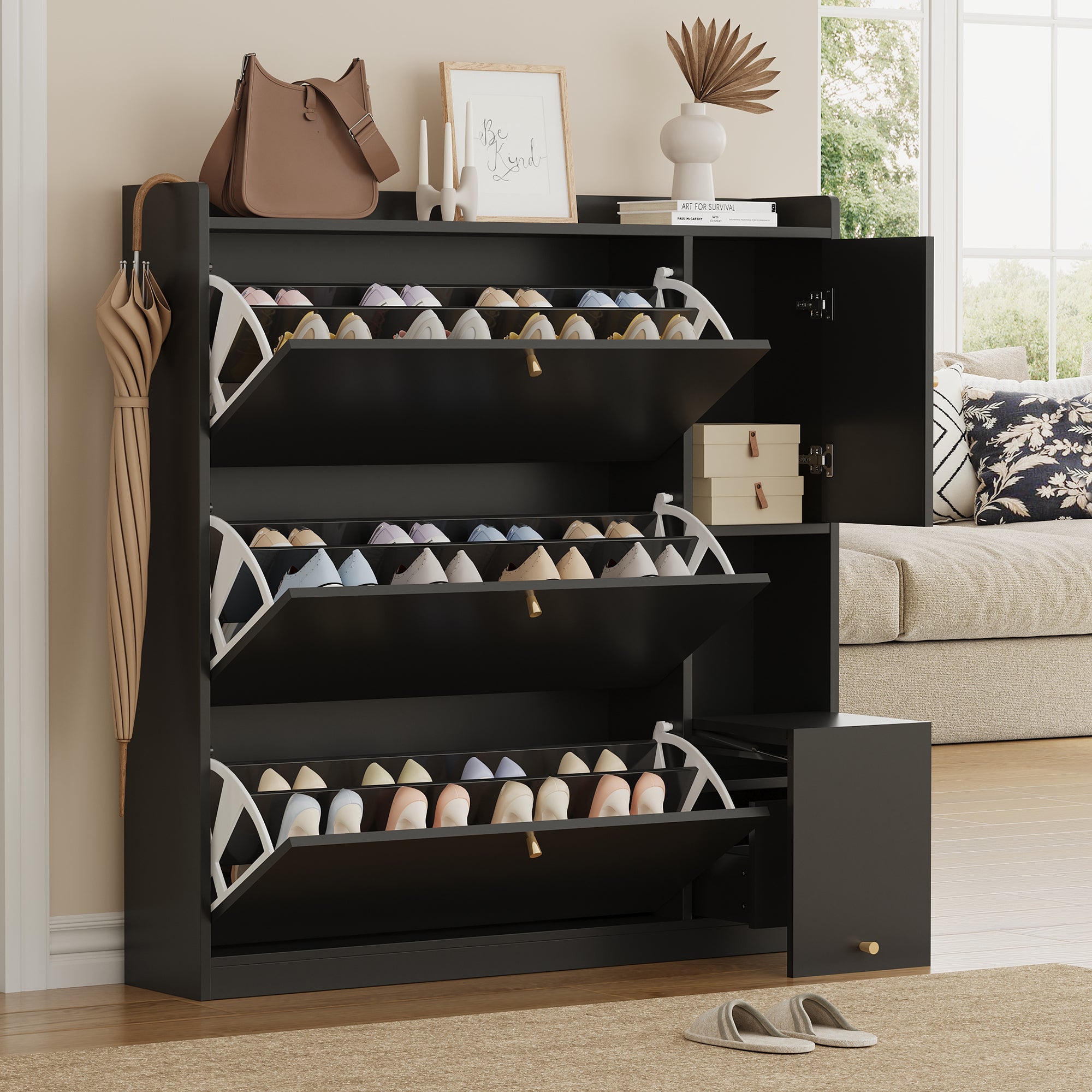 Szafka na buty z 3 drzwiami opuszczanymi, 1 szufladą i 1 składaną ławką - 119 x 24 x 122 cm - Płyta wiórowa - Czarna