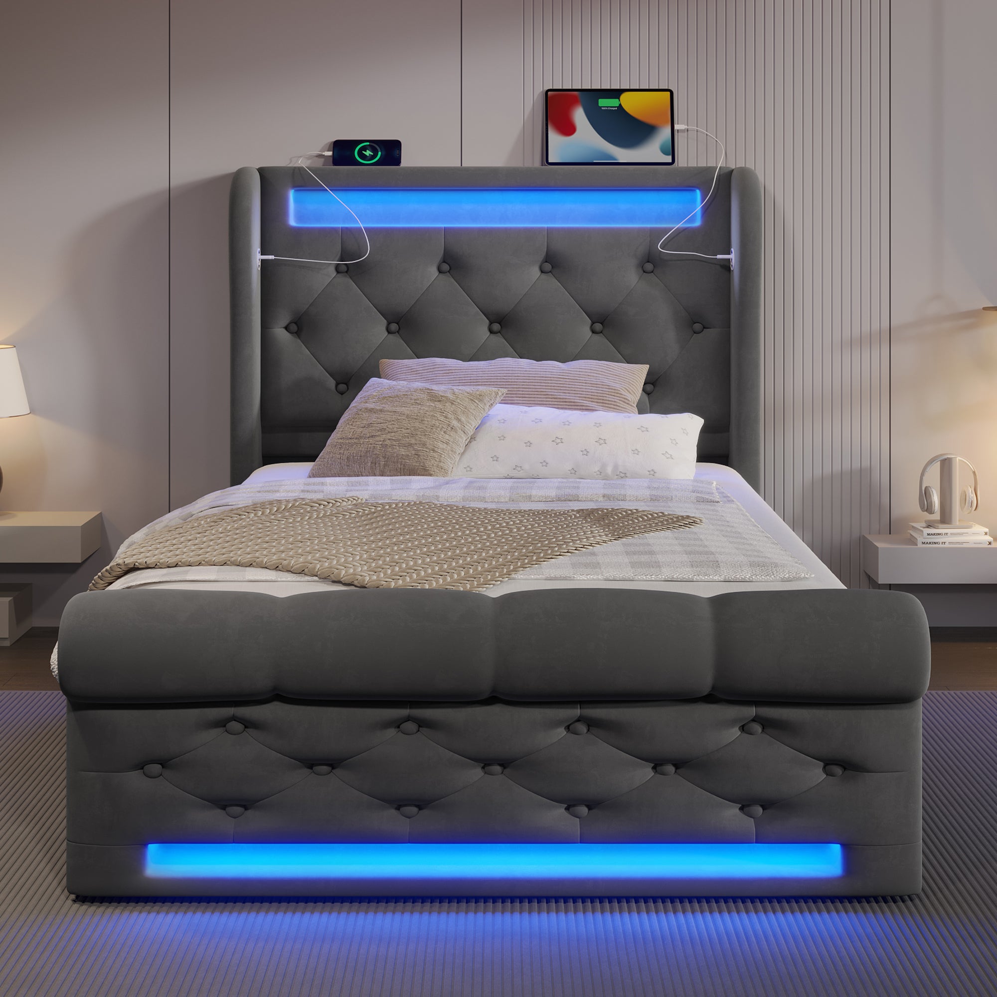 Pojedyncze łóżko dla dorosłych 90 x 200 cm, z oświetleniem LED, portami USB i Type-C, systemem hydraulicznym, szare, aksamitne