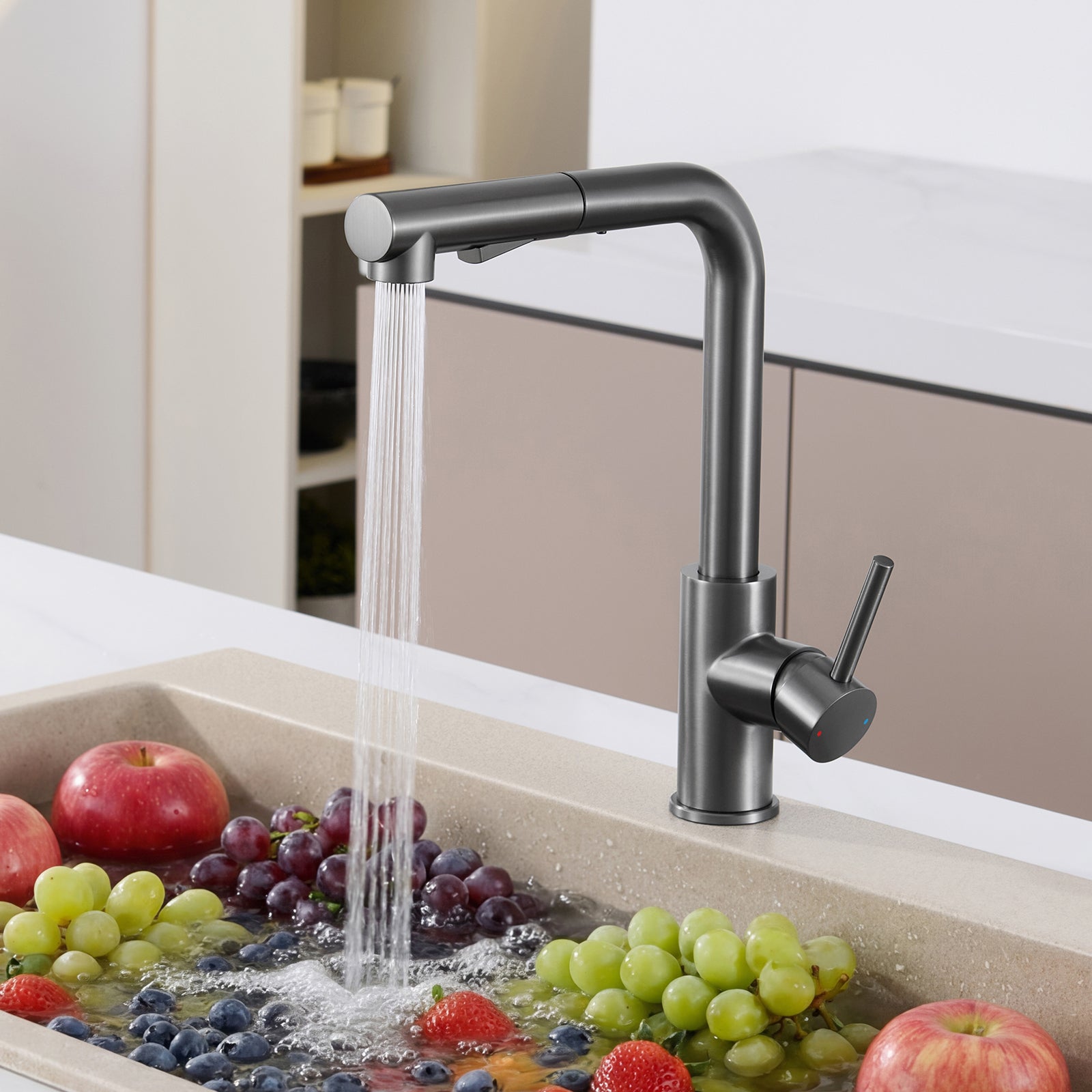 Robinet Cuisine avec Douchette Brossé gris anthracite, Mitigeur de Cuisine avec 2 Modes de Pulvérisation, Robinet d'évier Eau Froide/Chaude - 5