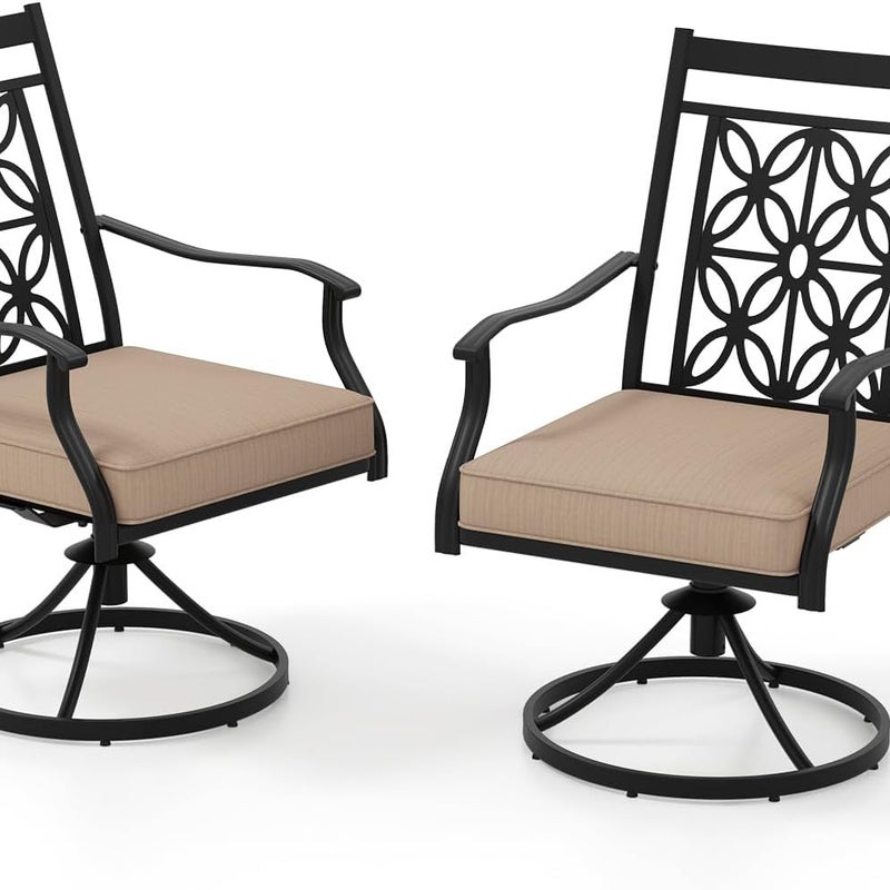 Zestaw 2 Obrotowych Krzeseł Ogrodowych 70 x 60 x 92 cm, Nośność 150 kg – Miękka Poduszka Siedziska – Wygięte Oparcie i Ergonomiczne Podłokietniki