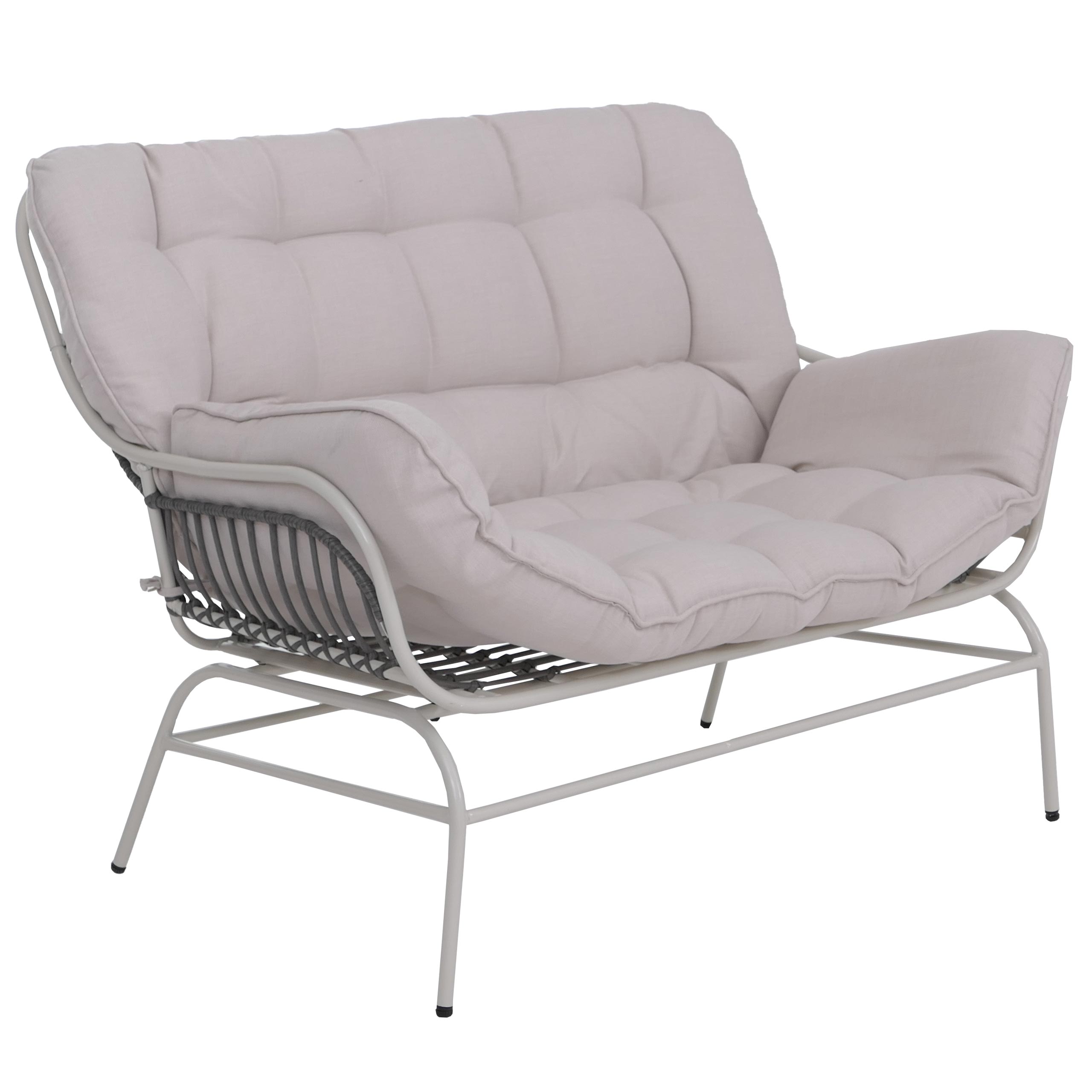 Sofa 2-osobowa HWC-P75, sofa ogrodowa Ławka ogrodowa Kanapa 2-osobowa, tkanina 220 g/m² Polirattan Metal ~ jasnoszary, tapicerka beżowa