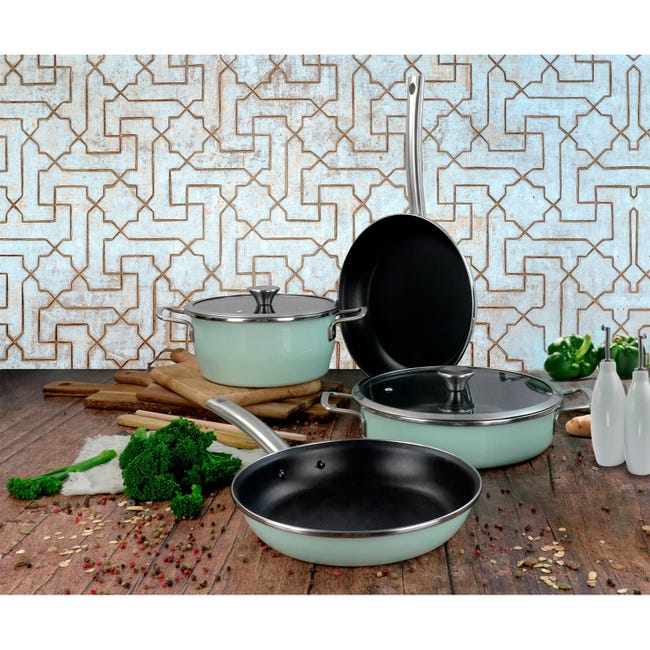 Set di pentole e padelle antiaderenti in alluminio da 9 pezzi, padella, casseruola, pentola per salsa con coperchio, compatibile con induzione, set da cucina con manici per rimanere freschi, verde Set di pentole e padelle antiaderenti in alluminio da 9 pezzi, padella, casseruola, pentola per salsa con coperchio, compatibile con induzione, set da cucina con manici per rimanere freschi, verde