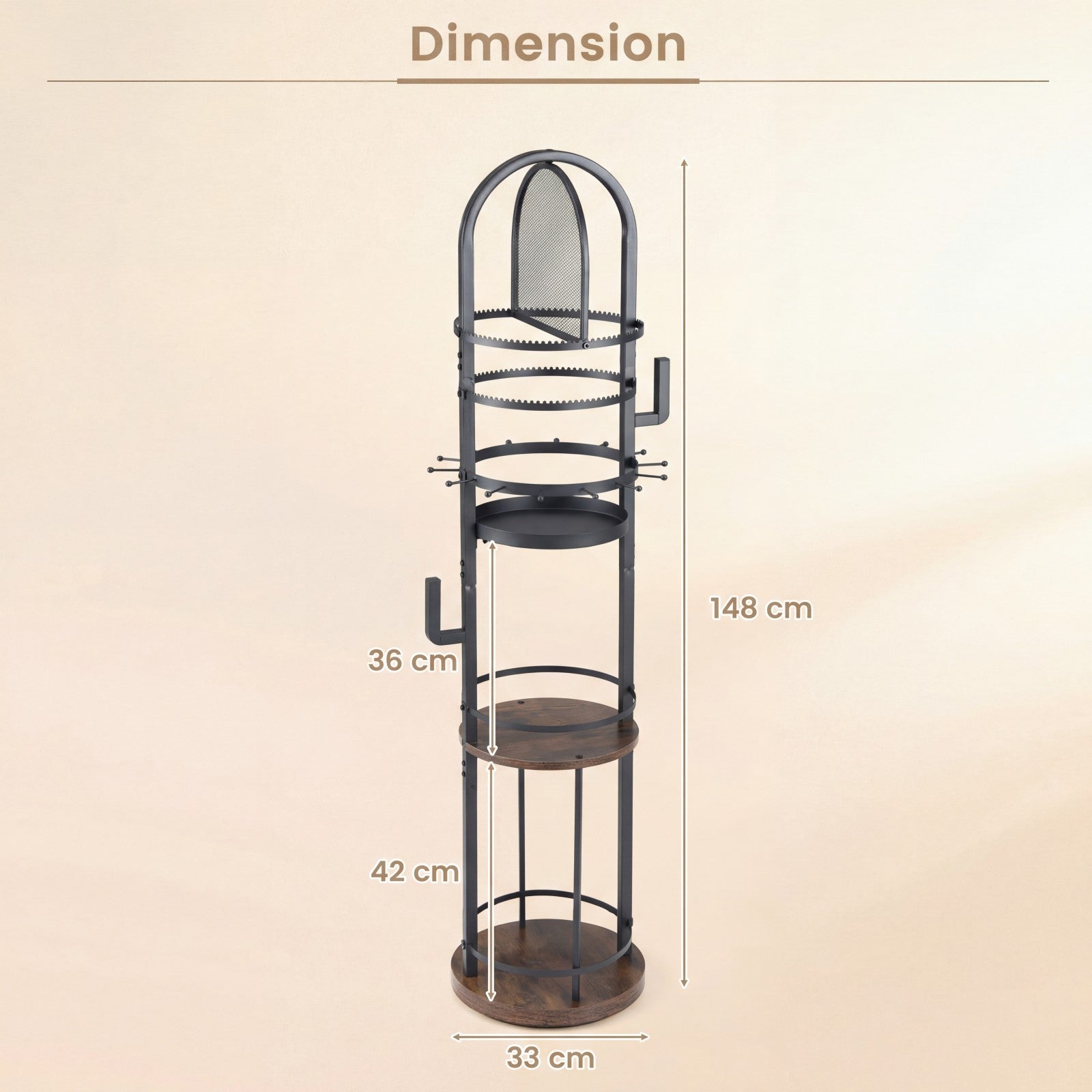 Support de Bijoux sur Pied Rotatif à 360° , Présentoir à Bijoux avec Porte-Boucles d'Oreilles, Colliers et 3 Étagères, Arbre de Rangement, Marron - 6