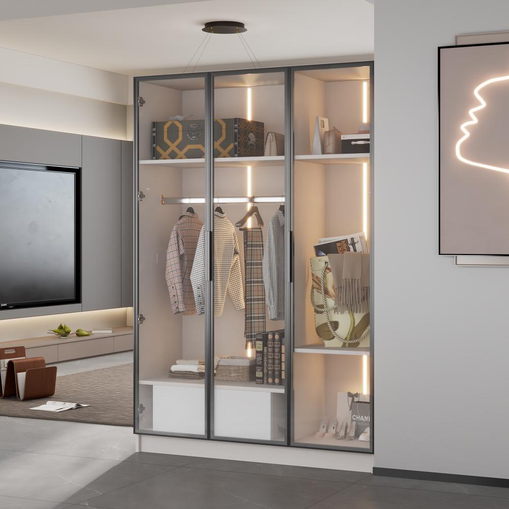 Spacious White Wardrobe with 3 Glass Doors, 1 Drawer, 1 Hanging Rod, LED Light - 11050160 cm - 3