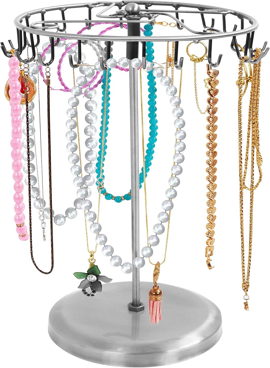 Srebrny metalowy obrotowy stojak na biżuterię (23 haki) – wys. 34,8 x szer. 20,5 cm – naszyjniki, bransoletki, kolczyki