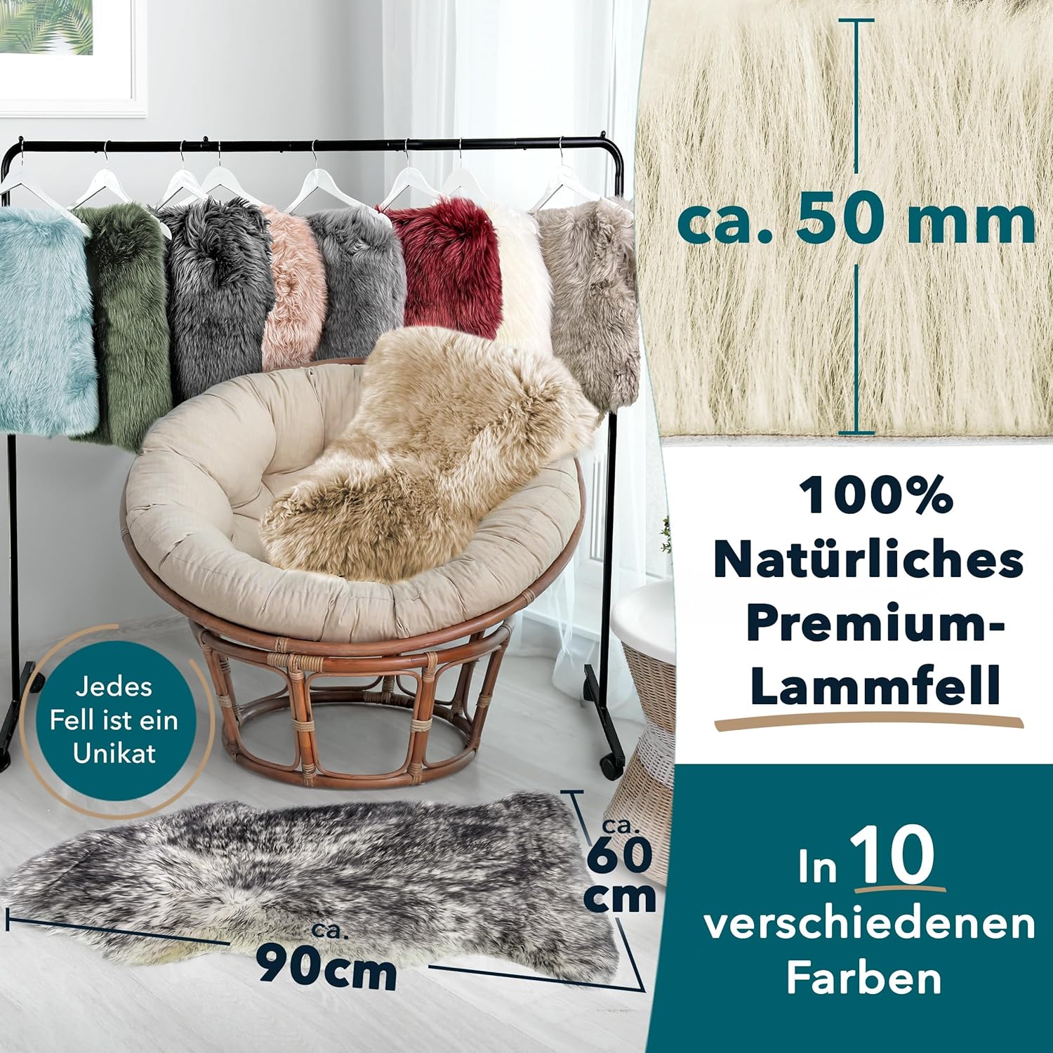 Peau véritable, tapis en fourrure de mouton pour salon et chambre, assise, dos en cuir, 90 x 60 cm, Ivoire - 5