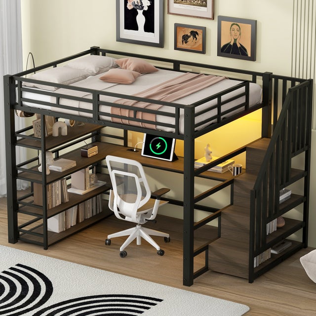 Lit Mezzanine 140x200 cm ,Lit Ado avec LED,Bureau,Escaliers Rangement et Station de Charge,Métal Noir