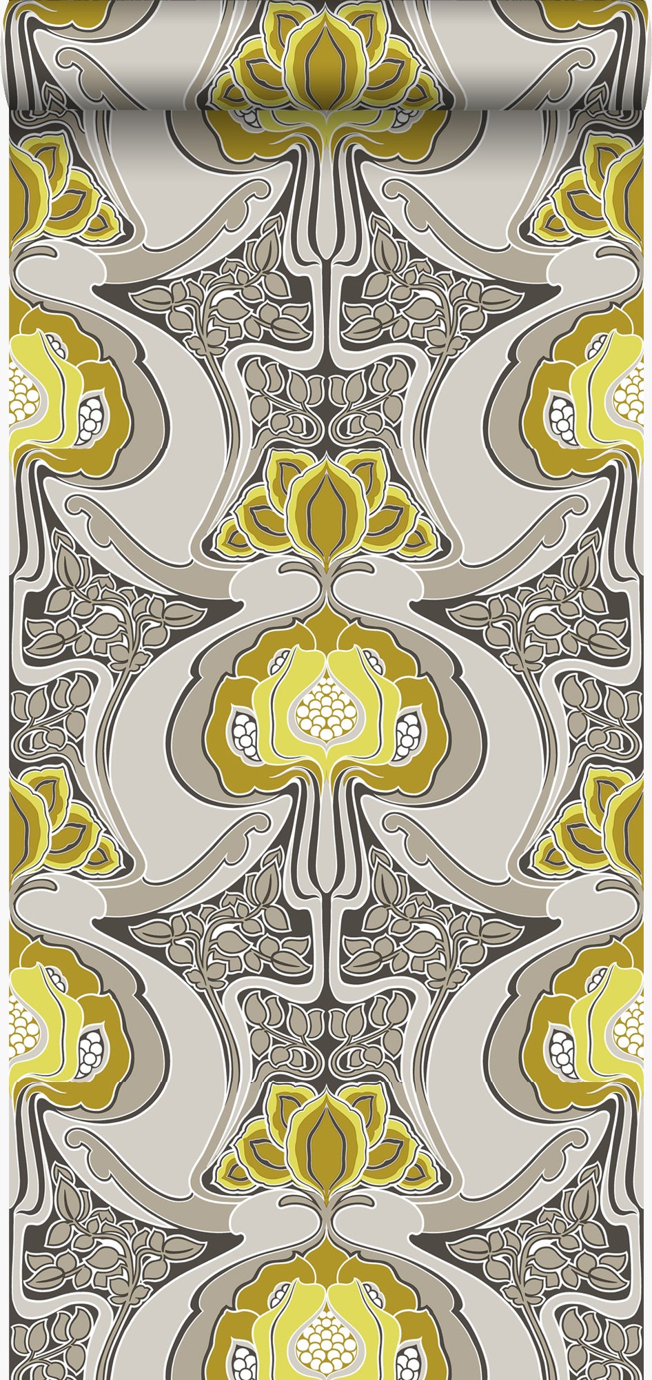 Tapeta Art Nouveau kwiatowy wzór ochry żółtejIszarym - 53 cm x 10.05 m - ORIGIN