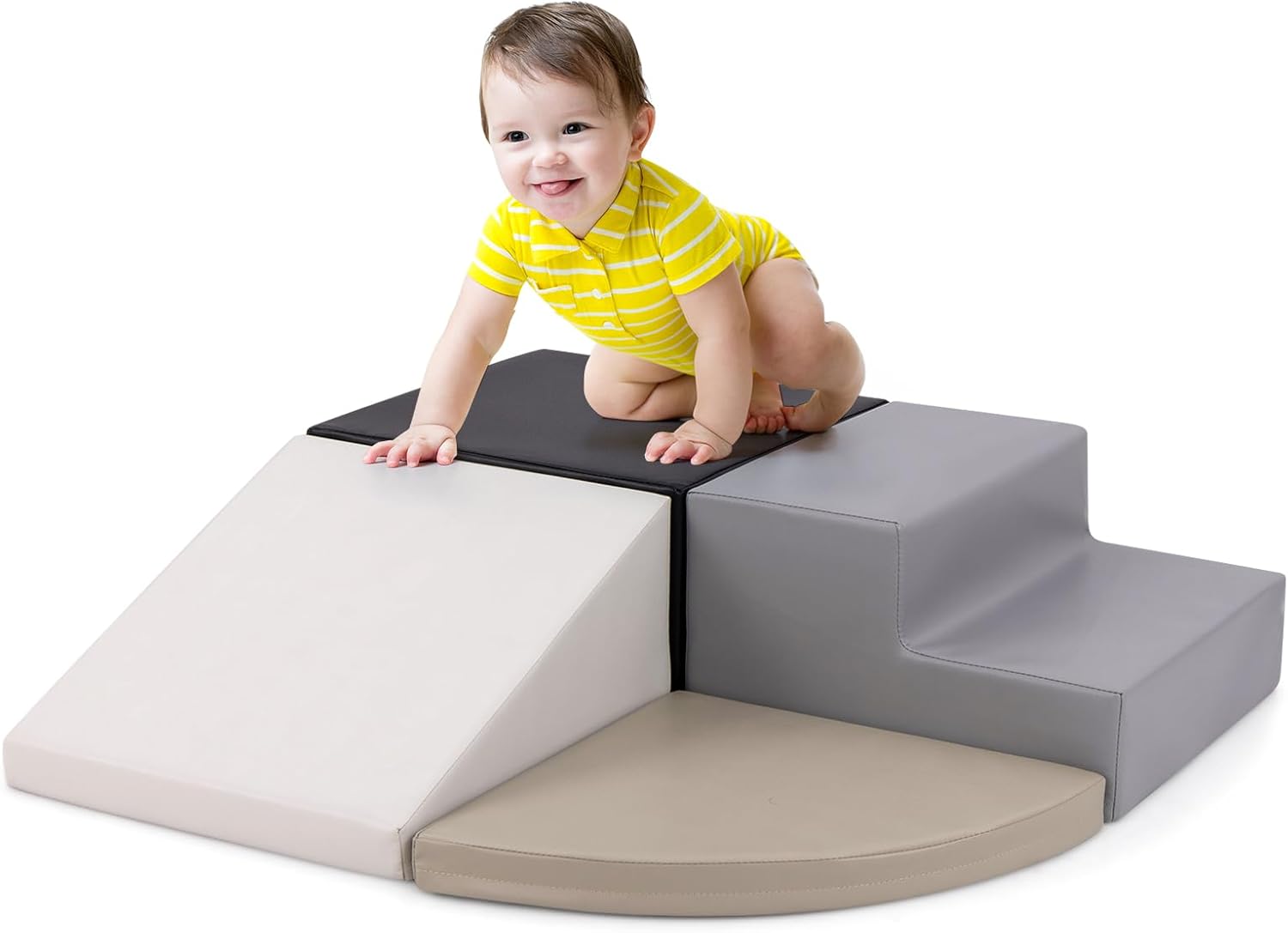 LIFEZEAL Module De Motricité Bébé – Blocs De Construction En Mousse PU+EPE Avec Escalier Et Toboggan, Pour Enfant 3+ Ans, Maison Ou Maternelle (blanc/gris)