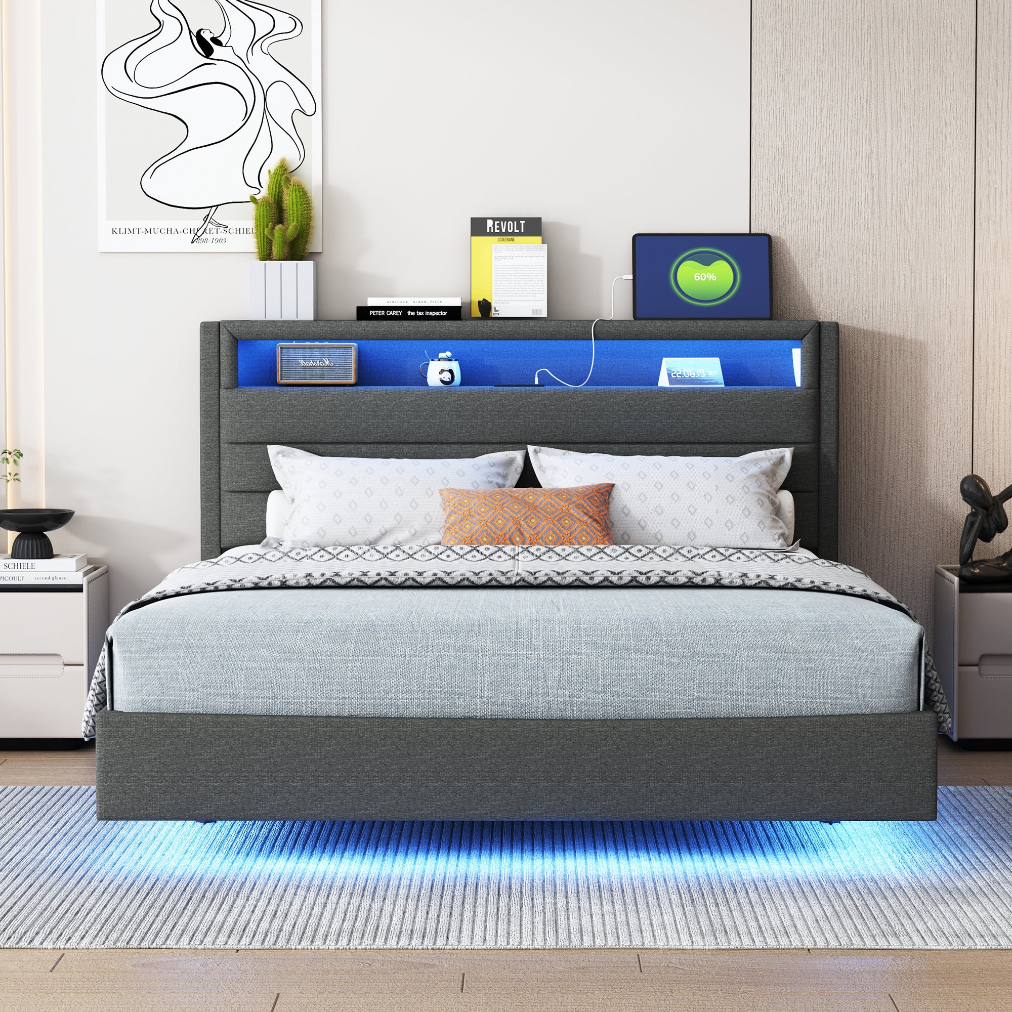 Łóżko tapicerowane 140x200cm - z gniazdem USB i oświetleniem LED - odwracane wezgłowie - ukryty podnóżek - len - szary