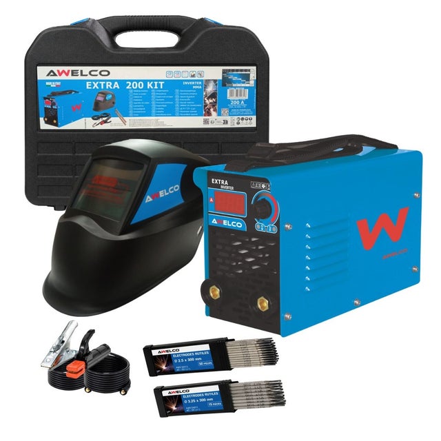 Poste à souder Inverter 200A MMA IGBT + Cagoule de soudure Automatique + 50 Électrodes Ø2.5mm + 15 Électrodes Ø3.25mm AWELCO