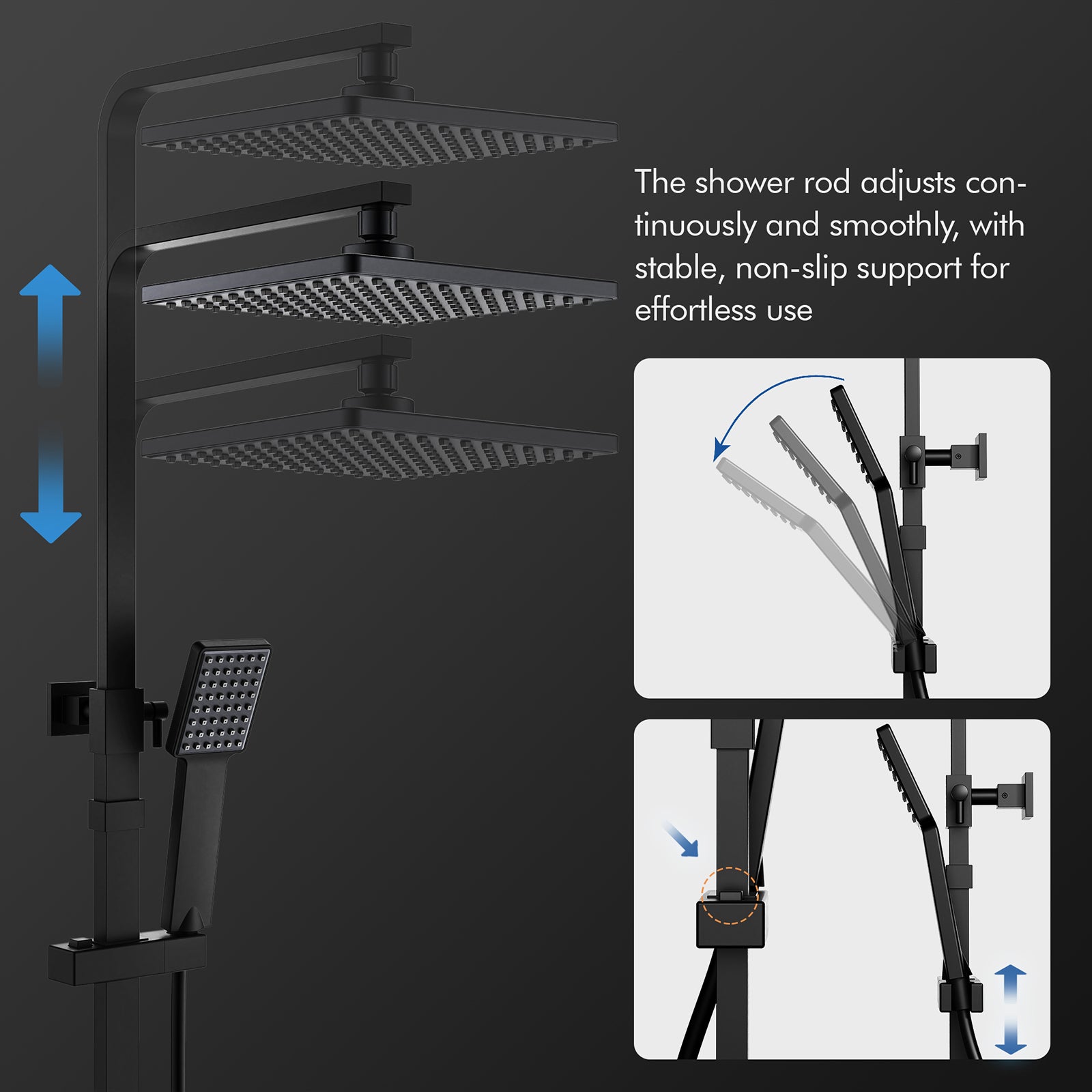 Columna de Ducha Termostática Negra Sin Taladro, Sistema de Ducha Ajustable 855–1105 mm, Cuerpo de Latón, Conjunto de Ducha Mural - 6