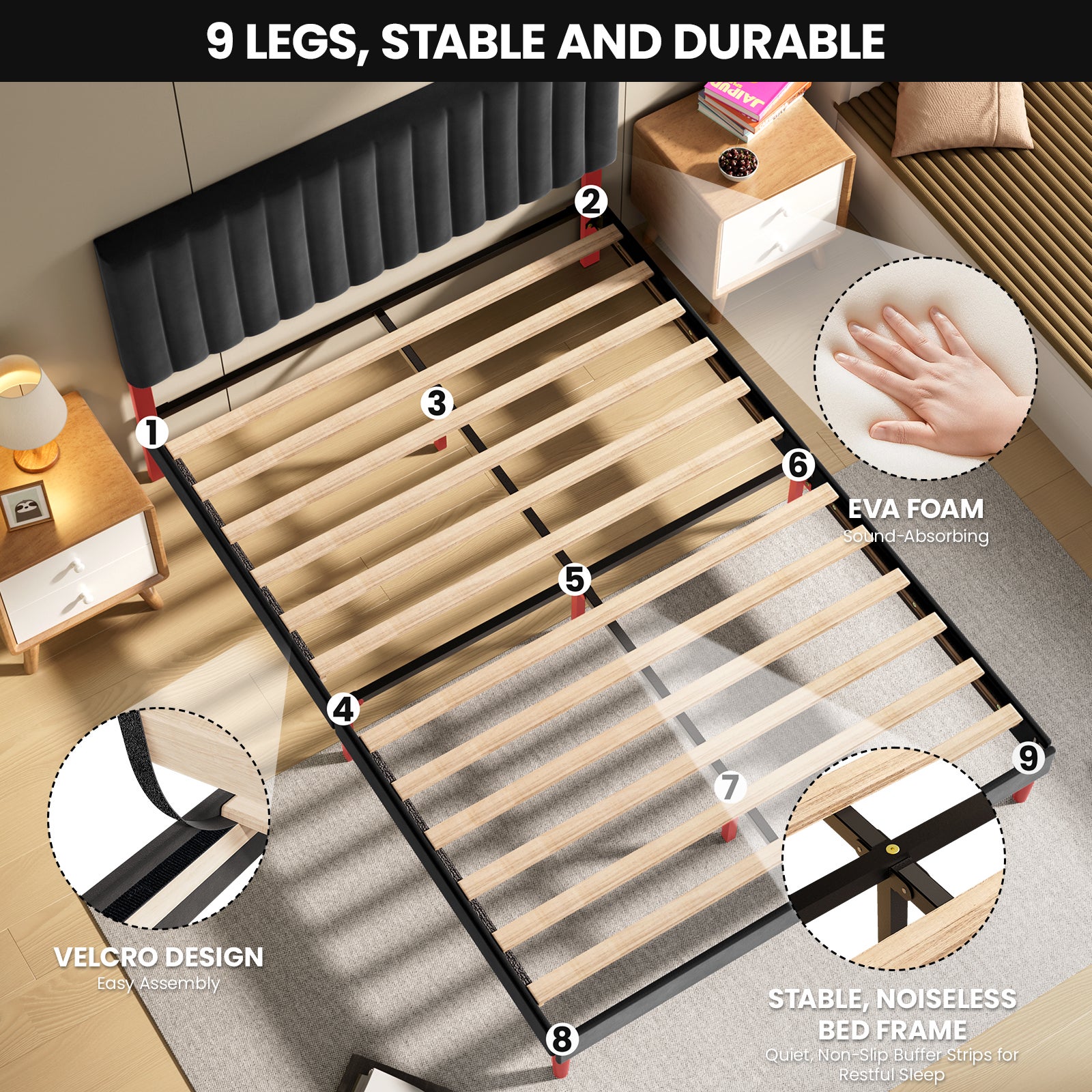 Estrutura De Cama 140x190 Cm, Cama De Casal Estofada Preta, Espaço De Arrumação Debaixo Da Cama, Design Silencioso, Fácil De Montar - 7
