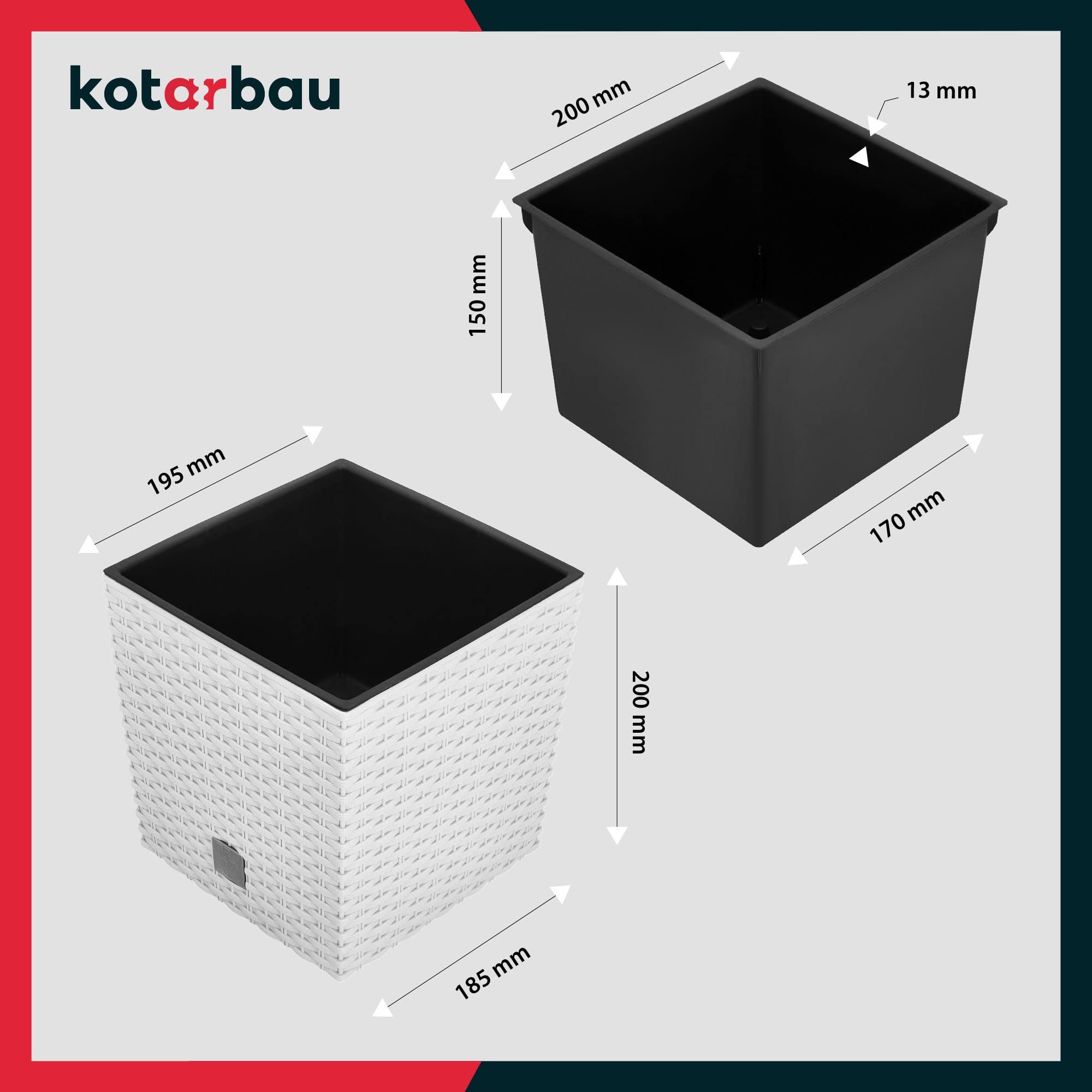Lot de 2 Pots de Fleurs de 6,8 L - Hauteur : 20 cm - En Plastique - Avec Pot Intérieur - Pour l'Intérieur et l'Extérieur - Blanc - KOTARBAU - 3