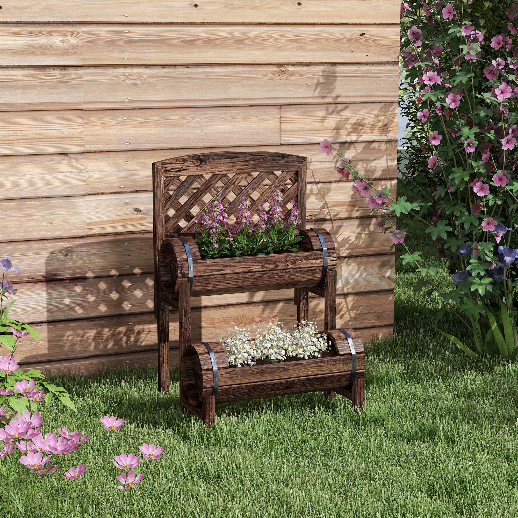 Orto Rialzato A 4 Livelli Outsunny In Legno Di Abete - 113x113x46 Cm, Con Fodera In Tessuto, Per Balcone E Giardino