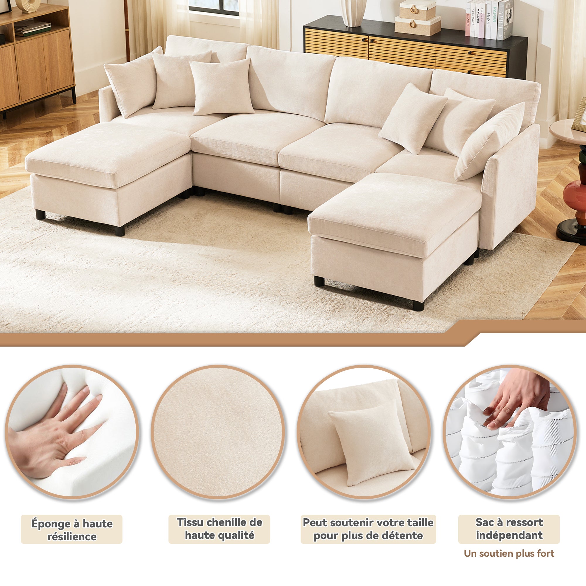Nowoczesna narożna sofa w kształcie litery L - Z wyjmowanym podnóżkiem - 4-osobowa - Beżowa - 5