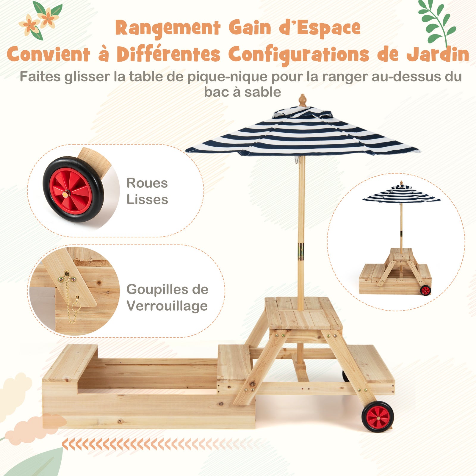 Caixa de Areia 3 em 1 com Mesa de Piquenique, Guarda-sol Ajustável, Bancos, Bandeja Removível e Rodinhas, para Crianças de 3 a 5 Anos - 5