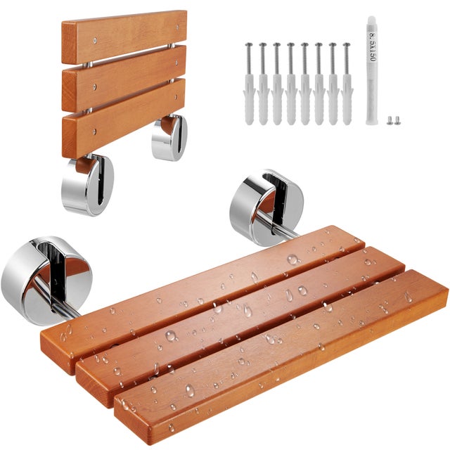 Siège de Douche Rabattable en Teck,VEVOR 51 x 33,5 cm Déplié,Banc de Douche à Fixation Murale,Capacité de Charge 199,58 kg,,Salle de Bain Entrée