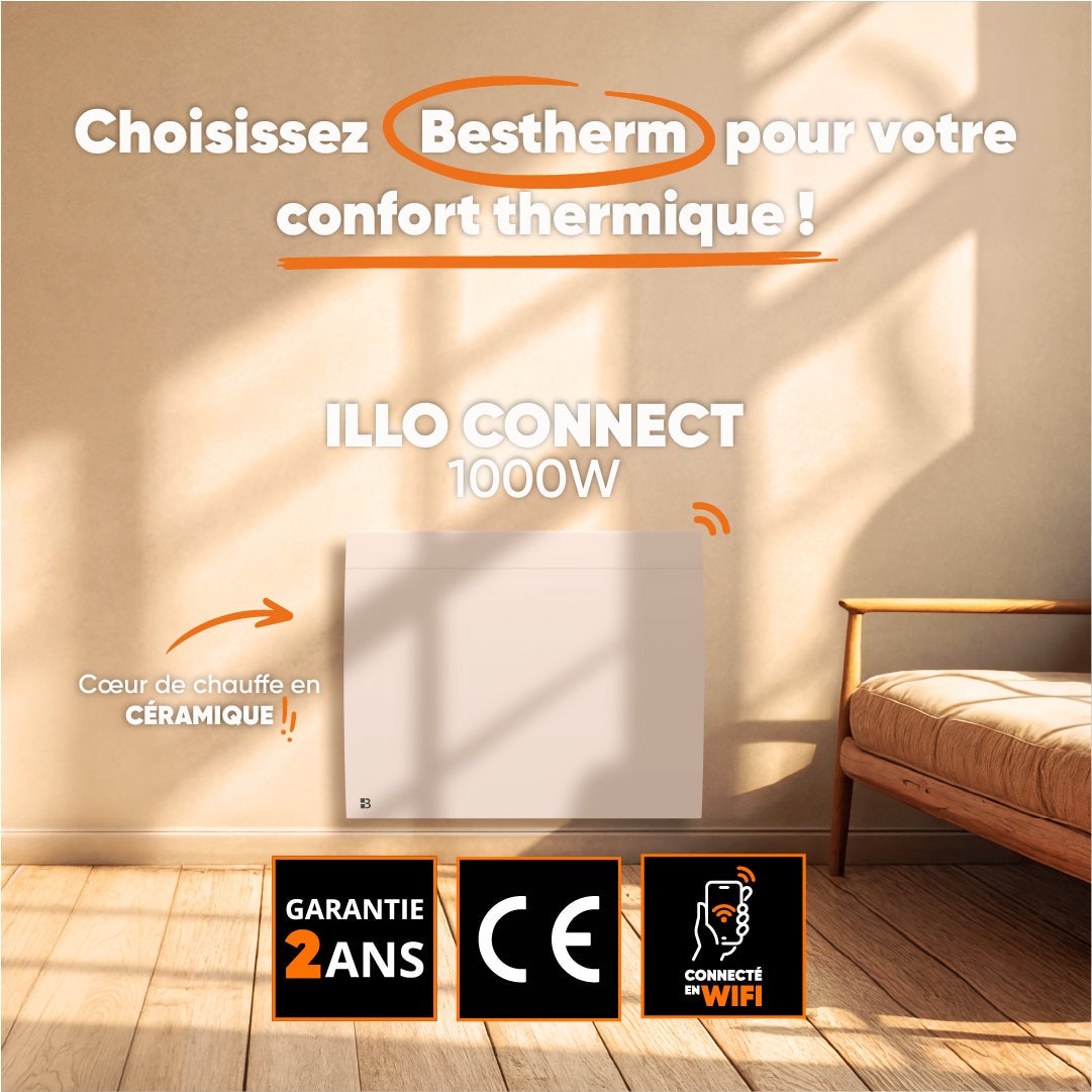 Radiateur électrique fixe connecté WIFI à inertie sèche céramique 1000W Bestherm ILLO CONNECT horizontal blanc - 3