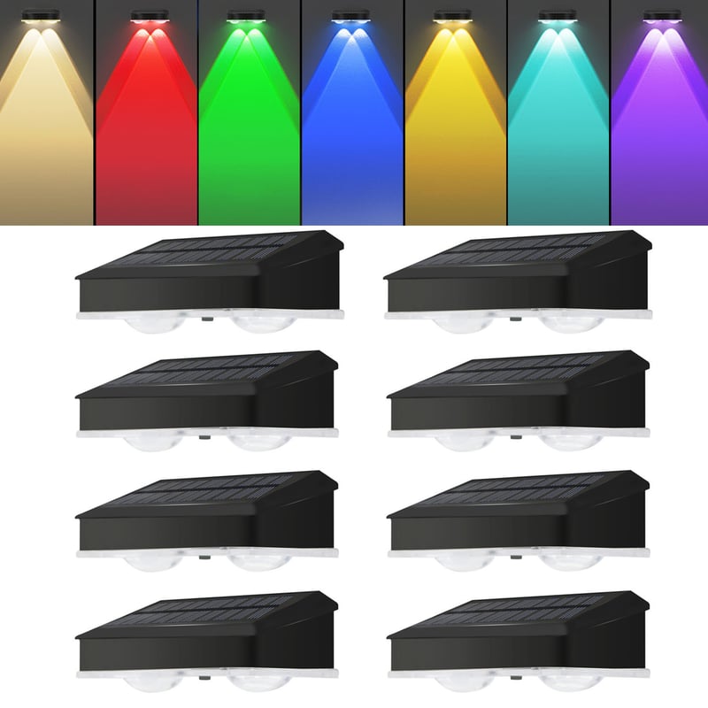 Zestaw 8 lamp solarnych do ogrodzeń zewnętrznych, reflektor LED o wysokiej jasności, oświetlenie tarasu, ciepła biel i RGB