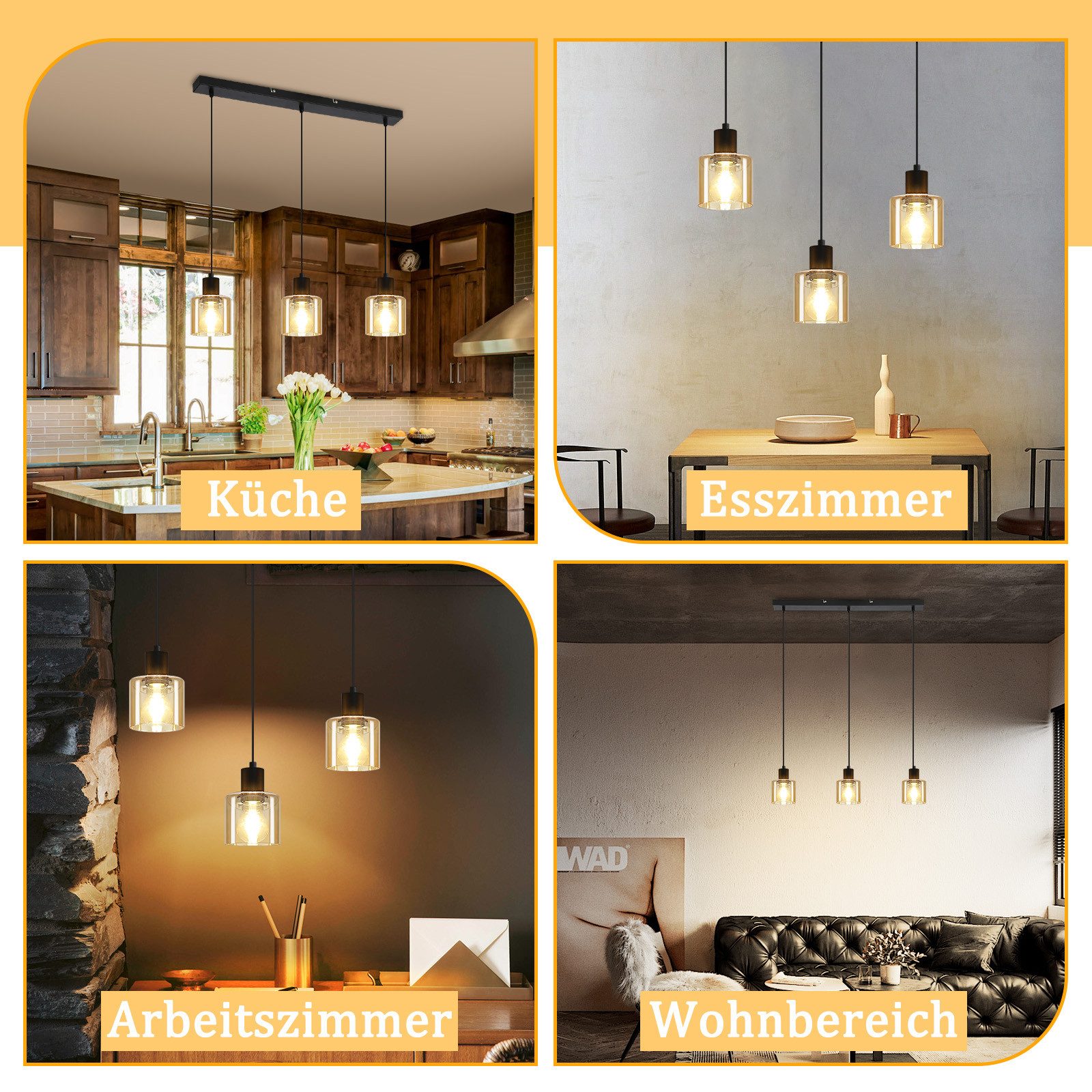 ZMH Candeeiro de teto suspenso E27 3 LUZES Vintage Preto - 9