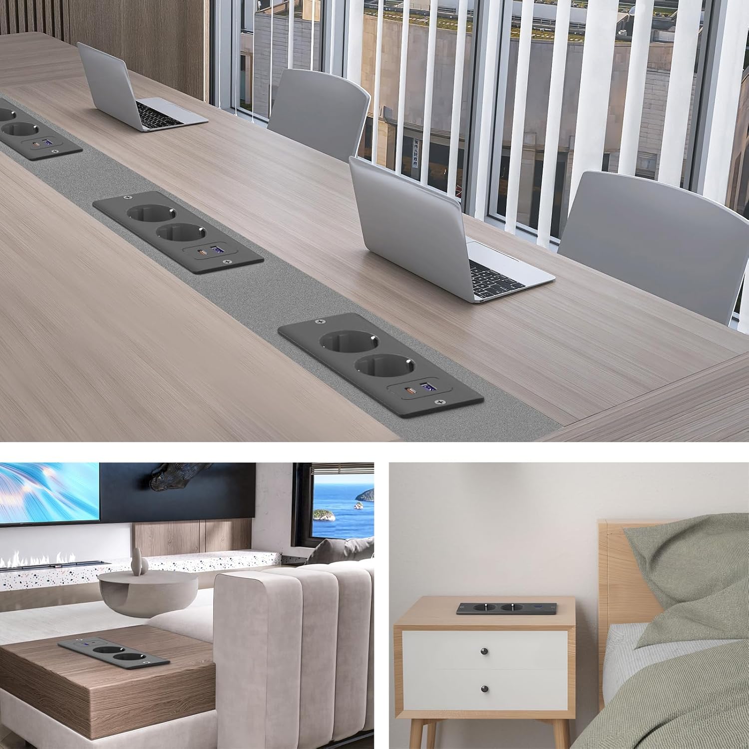 Prise encastrable avec USB C 20 W, 2 Prises de Table avec USB A et Type-C, 4 en 1, Plateau de Table, Triple Prise encastrée avec câble d'extension - 7