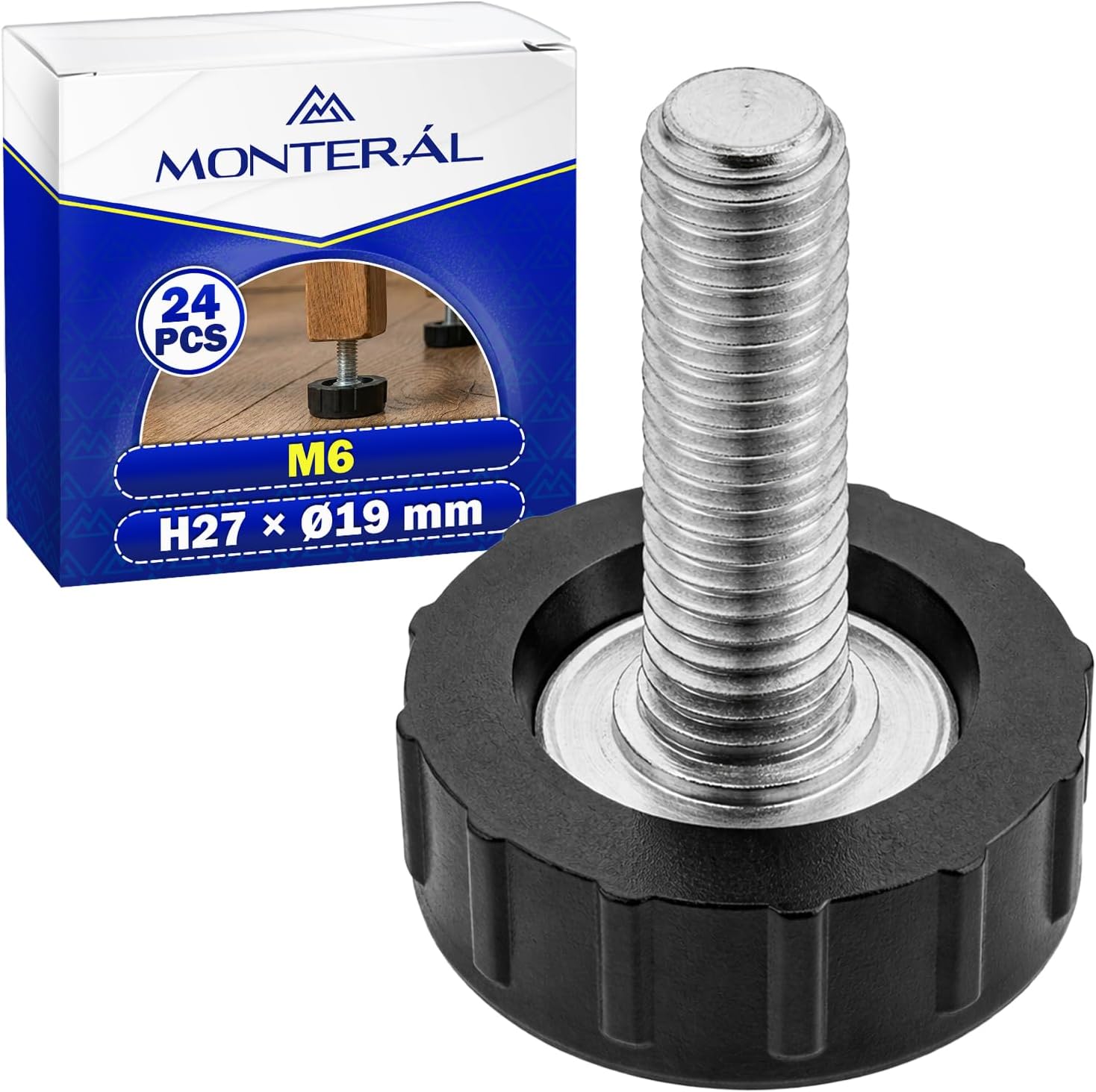 24 bucăți picioruș reglabil pentru mobilă M6 H27 x Ø19 mm - picioruș de nivelare din oțel galvanizat și plastic