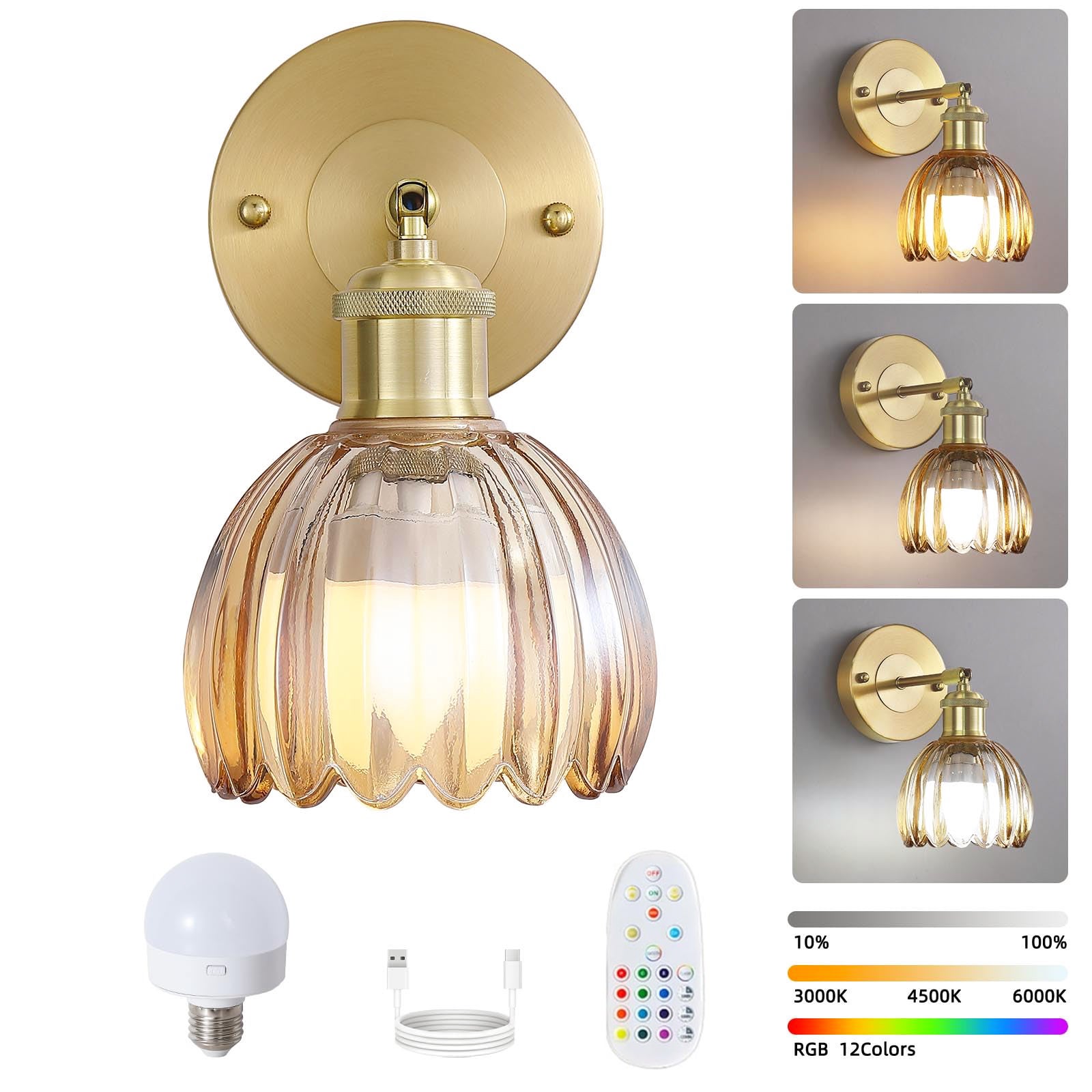 Bezprzewodowa lampa ścienna z pilotem, ładowalna lampka nocna LED, ściemnialna, zmiana kolorów RGB, 3000K-6000K, z żarówką