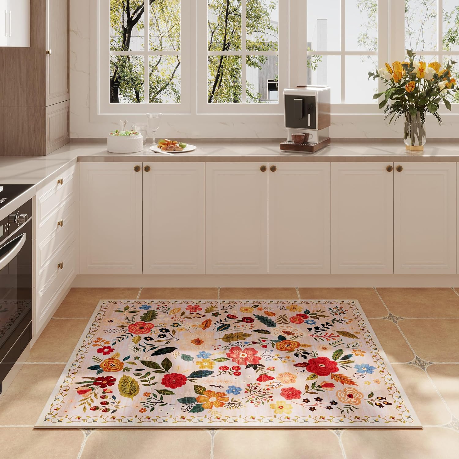 Tapis d'entrée 60x90 cm, lavable en machine, motif floral bohème, antidérapant, à poils courts, idéal pour l'entrée, la cuisine, la porte d'entrée - 5