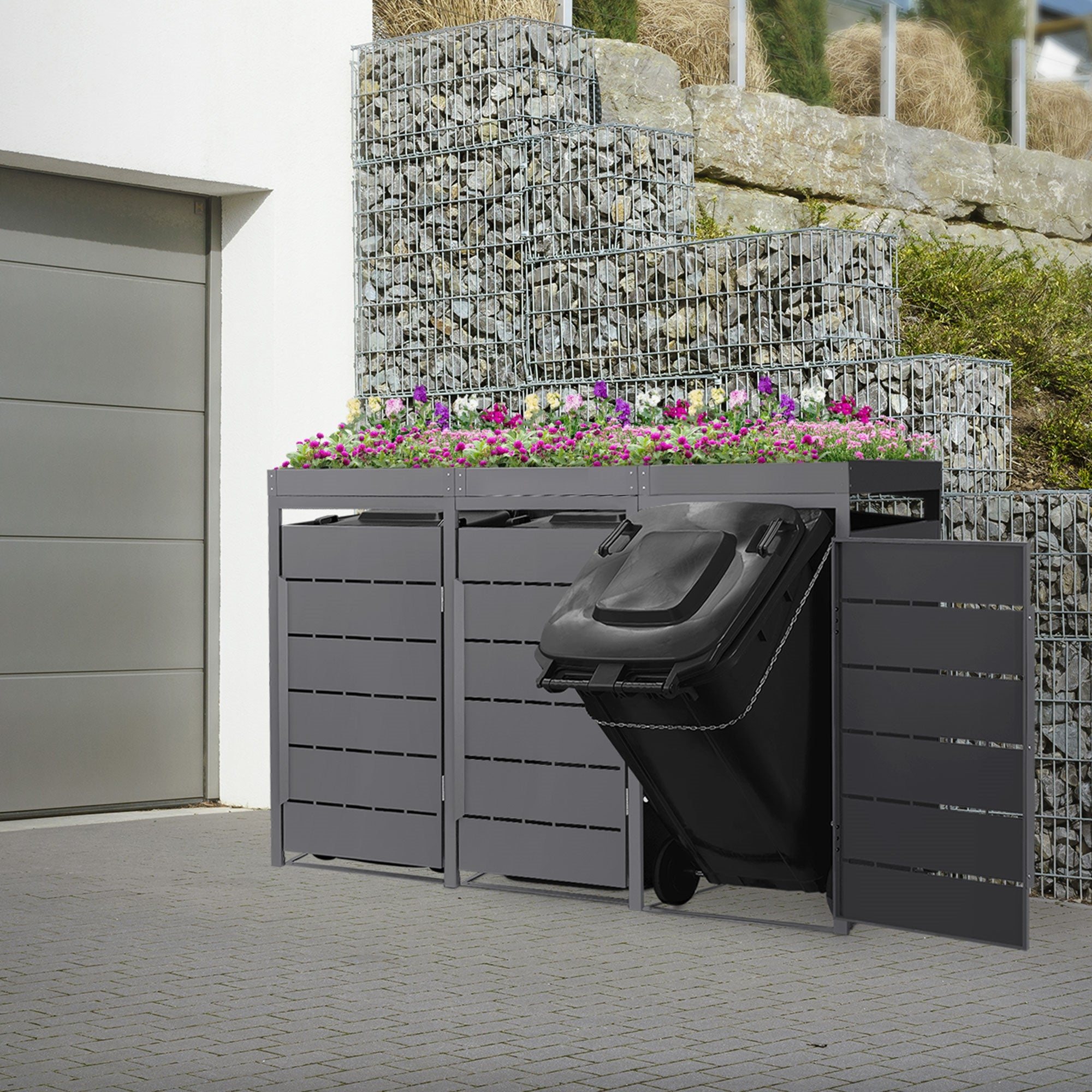 Masca pentru 3 pubele de deseuri ML-Design, de 240L, 196x80x124 cm, magazie pubele, din otel, acoperis tip jardiniera, antracit, depozitare tomberoane 240000ml