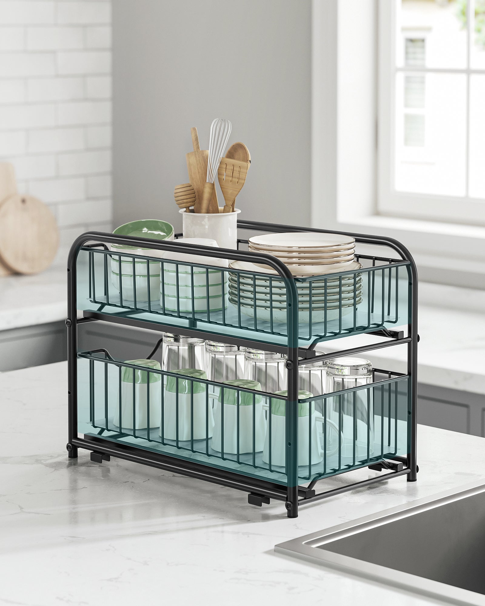 Organizador de cocina, Estantería de 2 Niveles Extraíbles para Armario, Apilable bajo Fregadero, con Cajones, Negro - 2