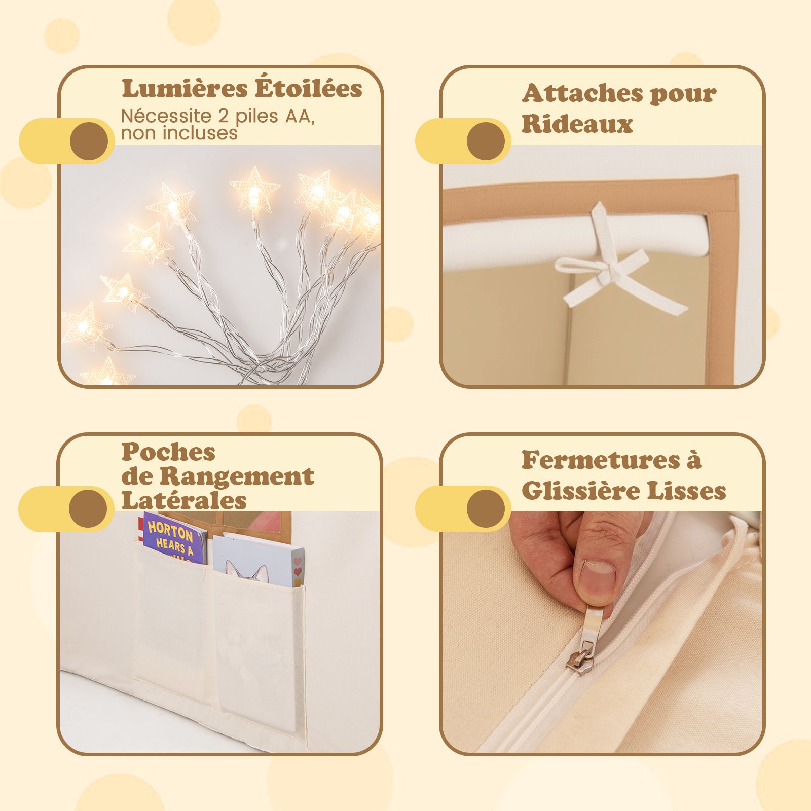 Tente de Jeux Enfant avec 4 Fenêtres et Guirlandes Lumineuses Étoiles, Cabane Enfant Interieure avec Tapis Antidérapant, pour 3-10 Ans, Gris + Beige - 8