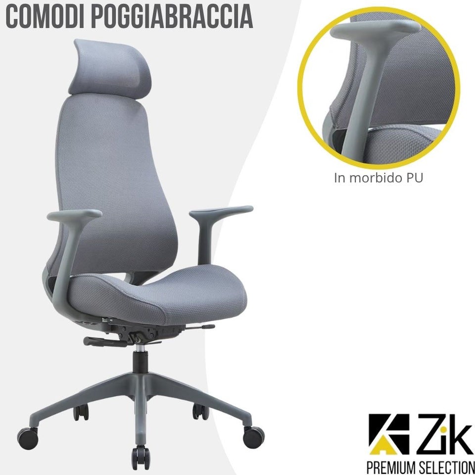 Fauteuil de bureau ergonomique pivotant, avec accoudoirs et appui-tête, assise coulissante et soutien lombaire, dossier oscillant, réglable - ZIK - 6