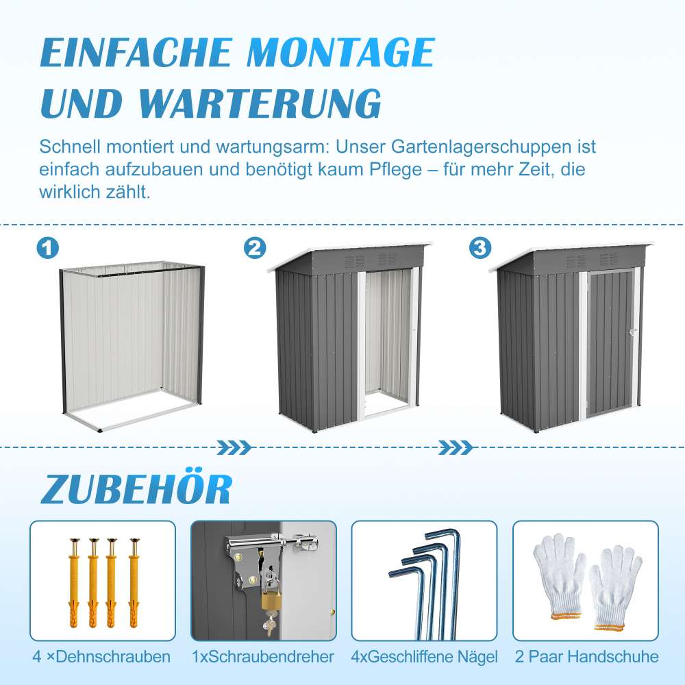 Abri de jardin toit plat 152x84x182 cm, avec porte verrouillable, sans fenêtres, 1,27 m² de stockage, gris foncé. - 5