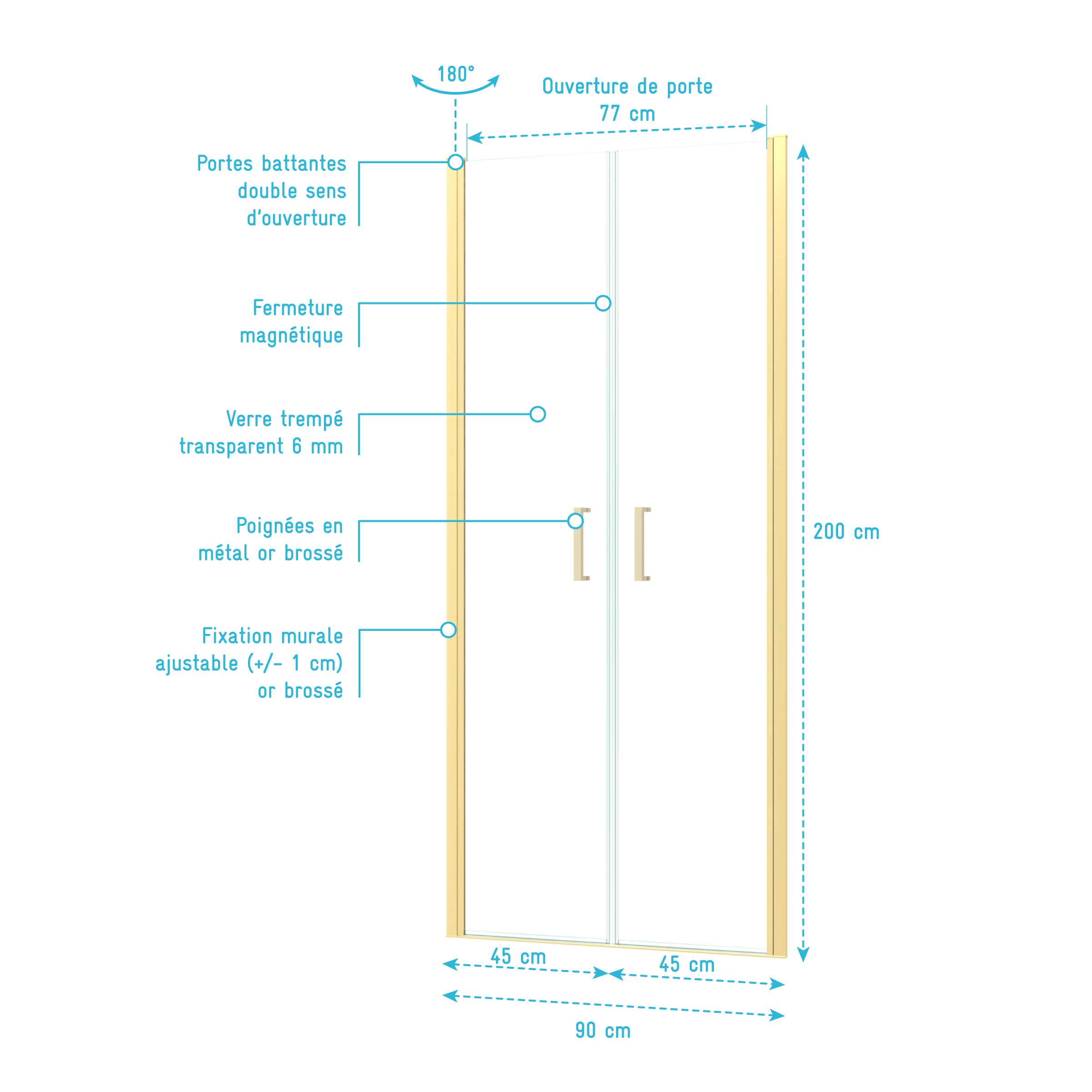 Porte de Douche Double Battant 90x200cm - Verre Trempé Transparent 6mm - Profil Or Doré Brossé - 4