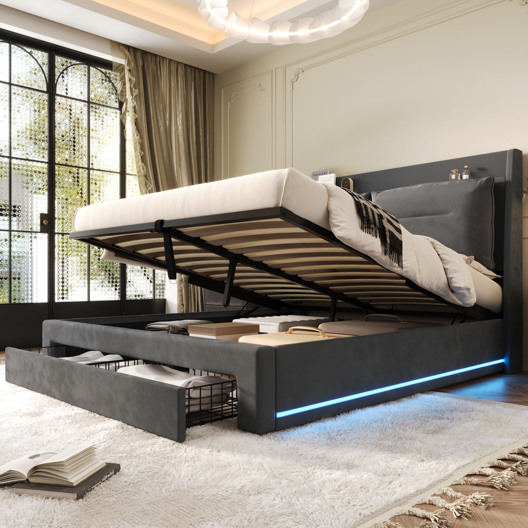 Struttura Letto Queen Size In Velluto Con Luci LED E Testiera Regolabile - Base Antirumore, Doghe In Legno, Portata 453kg, Grigio