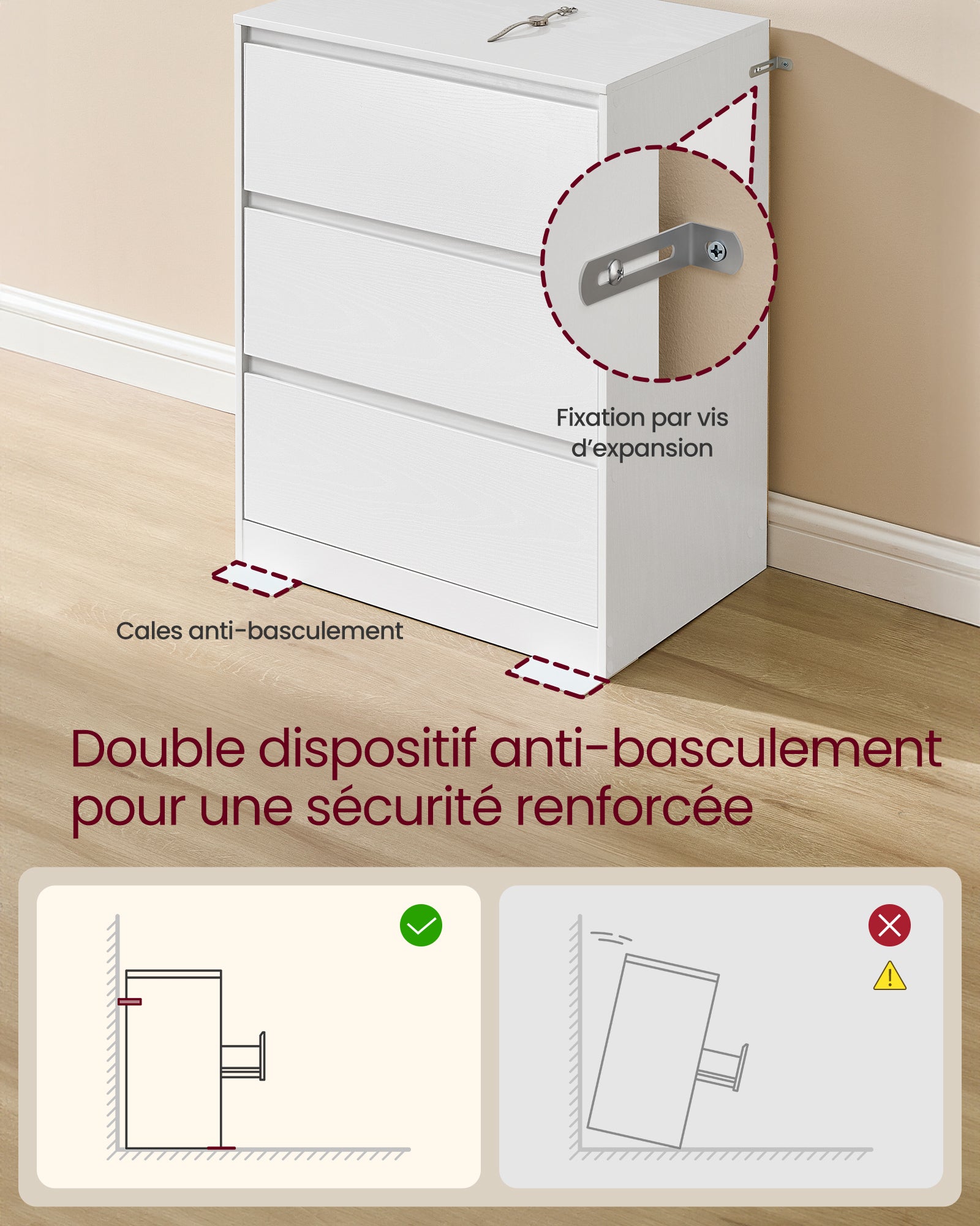 KAILYN Collection - Commode Chambre 3 Tiroirs, Armoire de Rangement, Meuble à Vêtements, 40 x 60 x 75 cm, Style Moderne, Blanc Neige - 4