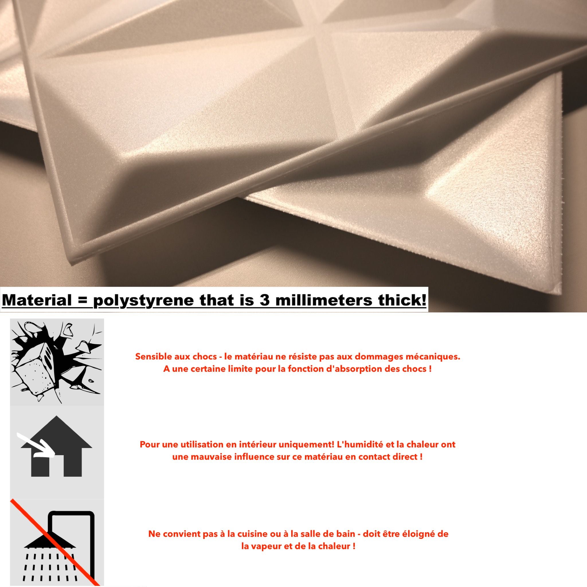 Panneaux muraux 3D décors revêtement mural panneaux de plafond POLYSTYRENE MATERIAL STYROPOR-TYPE 3mm force 8 pièces - 2m² Diamant Blanc - 3