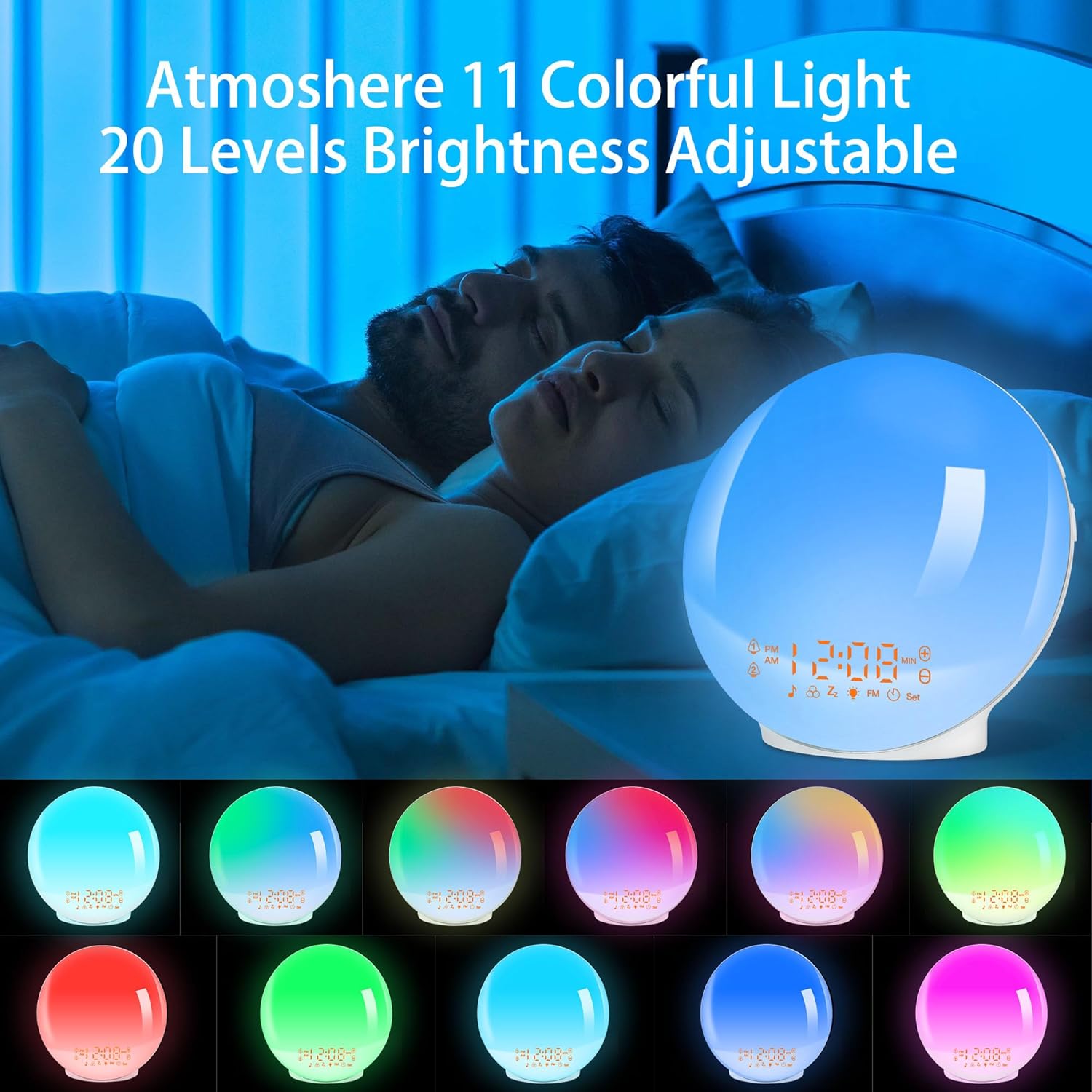 Eveil Lumière LED Radio Réveil Matin Lumineux Lampe de Chevet Simulateur d'Aube et Crépuscule 2 Réveils 7 Sons Naturels Fonction (Jaune) - 4
