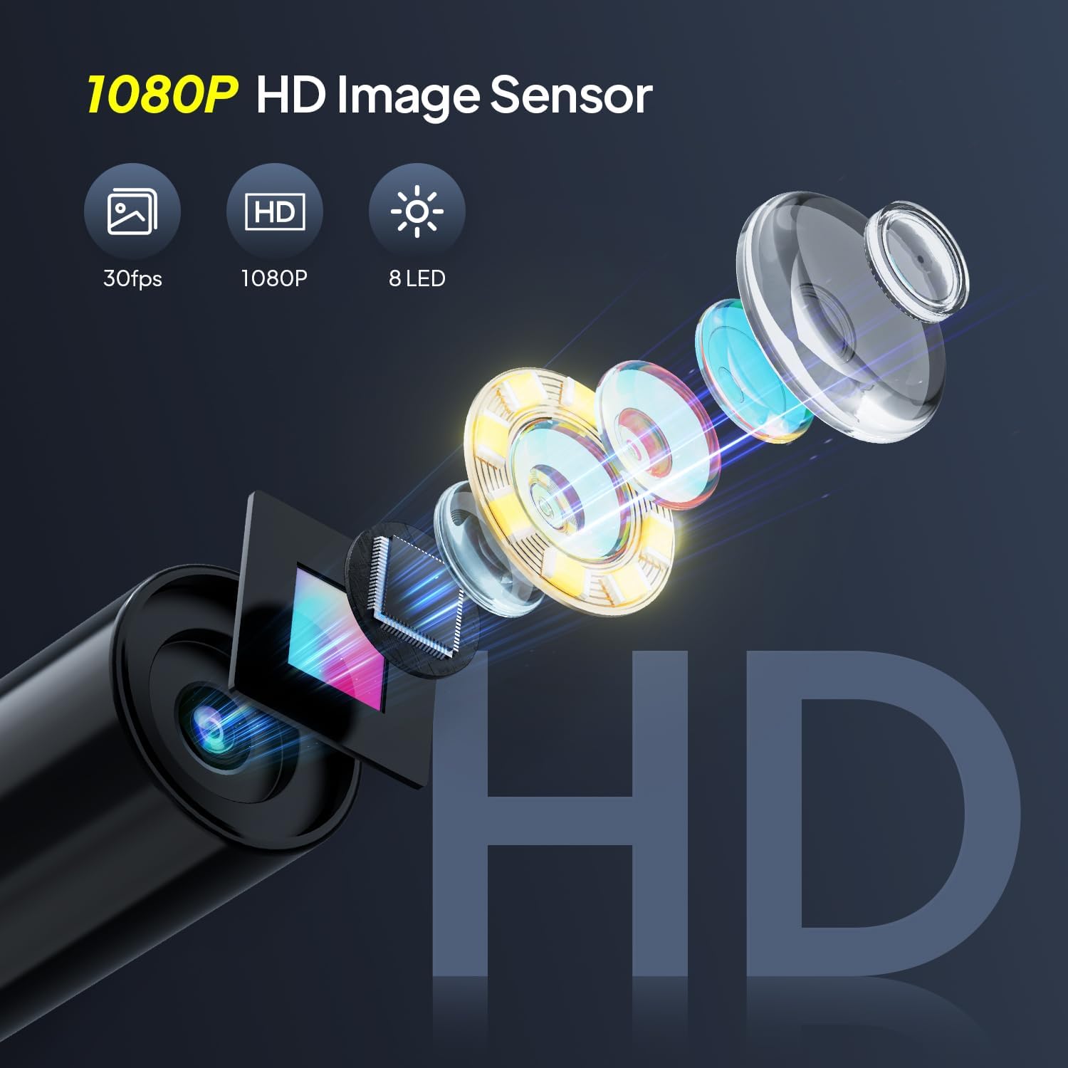 Caméra Endoscopique 1080P HD, Zoom 2X, IP67, Écran 2,4 Pouces, Câble 5M Semi-Rigide, 8 LED Réglables - 2