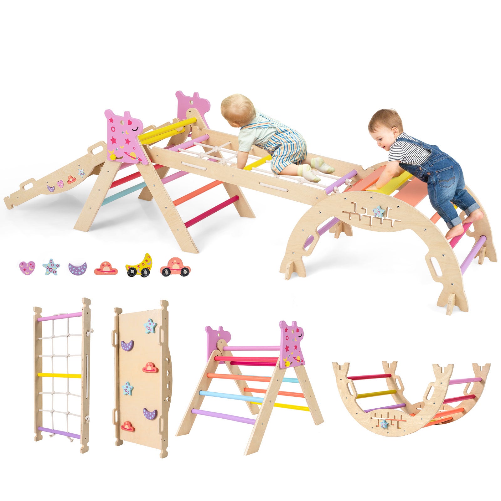 COSTWAY 8 en 1 Triangle descalade Enfant Pliable sur Thème Planètes avec Rampe & Filet, Arc descalade Montessori en Bois Hêtre avec 2 Voitures & Labyrinthe, Aire de Jeux Intérieur pour 1 an