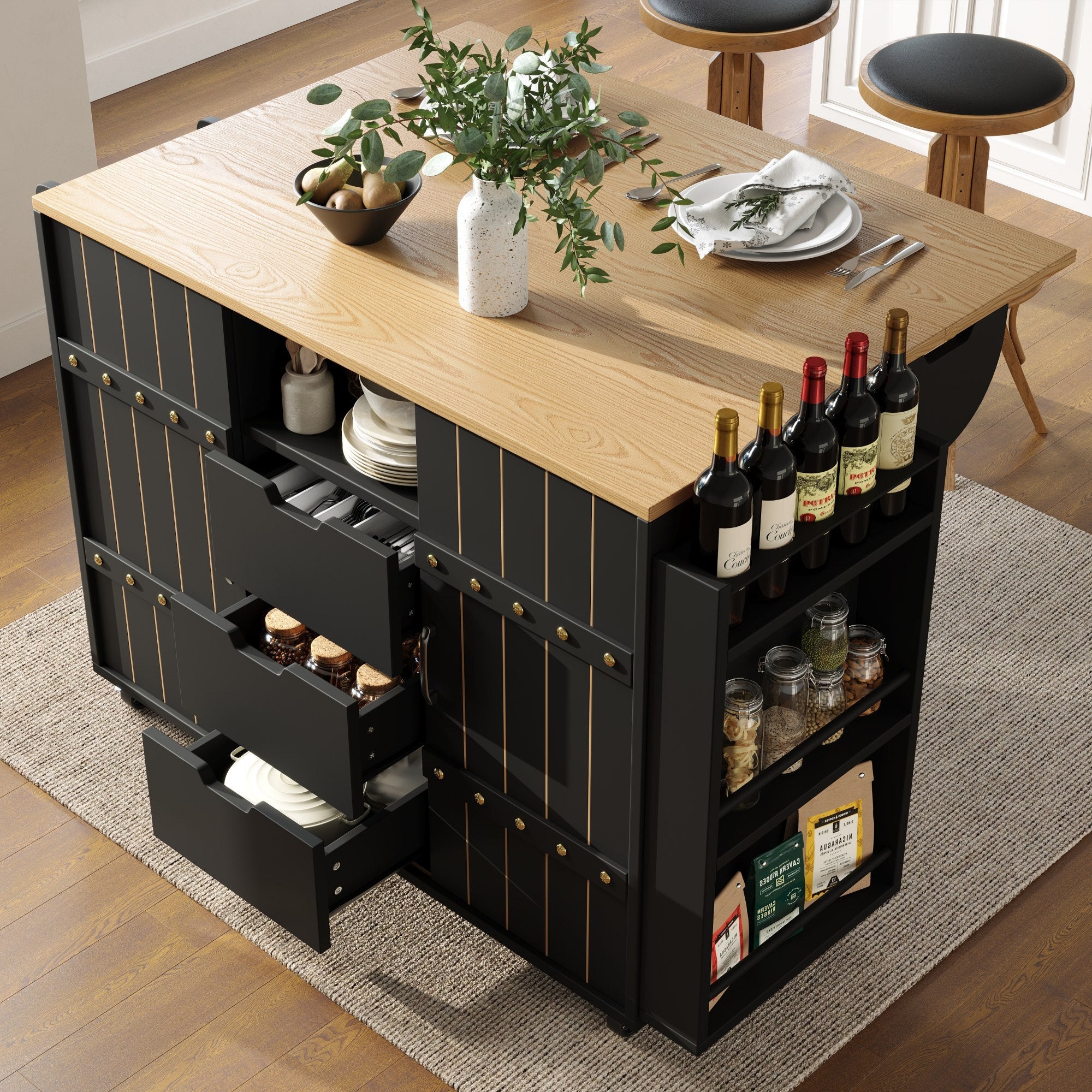 Carrito de cocina extensible con ruedas 110x42-70x90cm isla de cocina con encimera 3 cajones 2 puertas estantes - negro