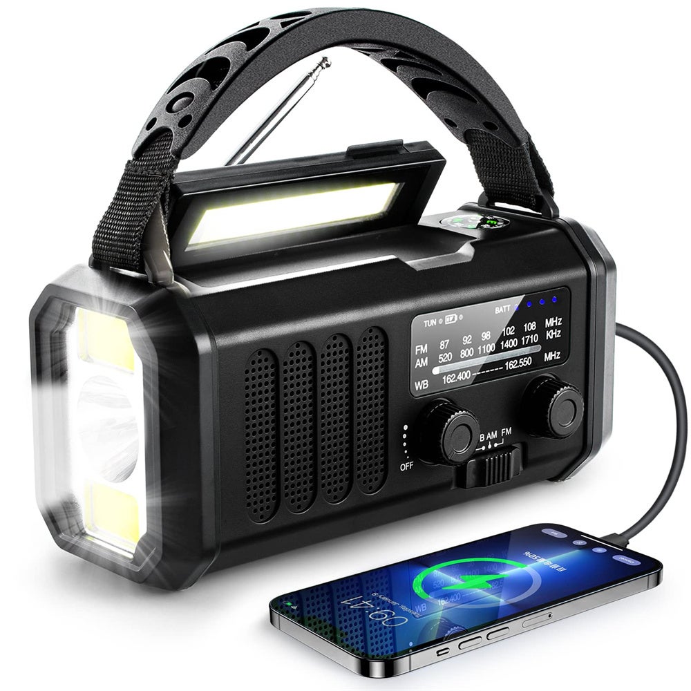 Radiotelefon pogodowy zasilany korbką, 10000MAh, z radiem AM/FM i alarmem SOS zasilanym energią słoneczną, kompasem, ładowarką do telefonu, czarny