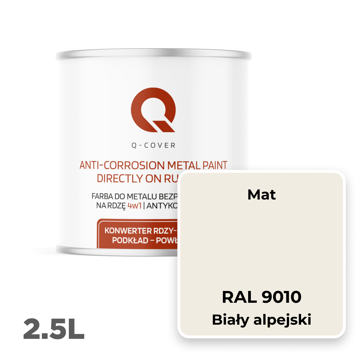 Farba do Metalu Prosto na Rdzę 4w1 Q-Cover Biały alpejski RAL9010 Mat 2.5L - 2